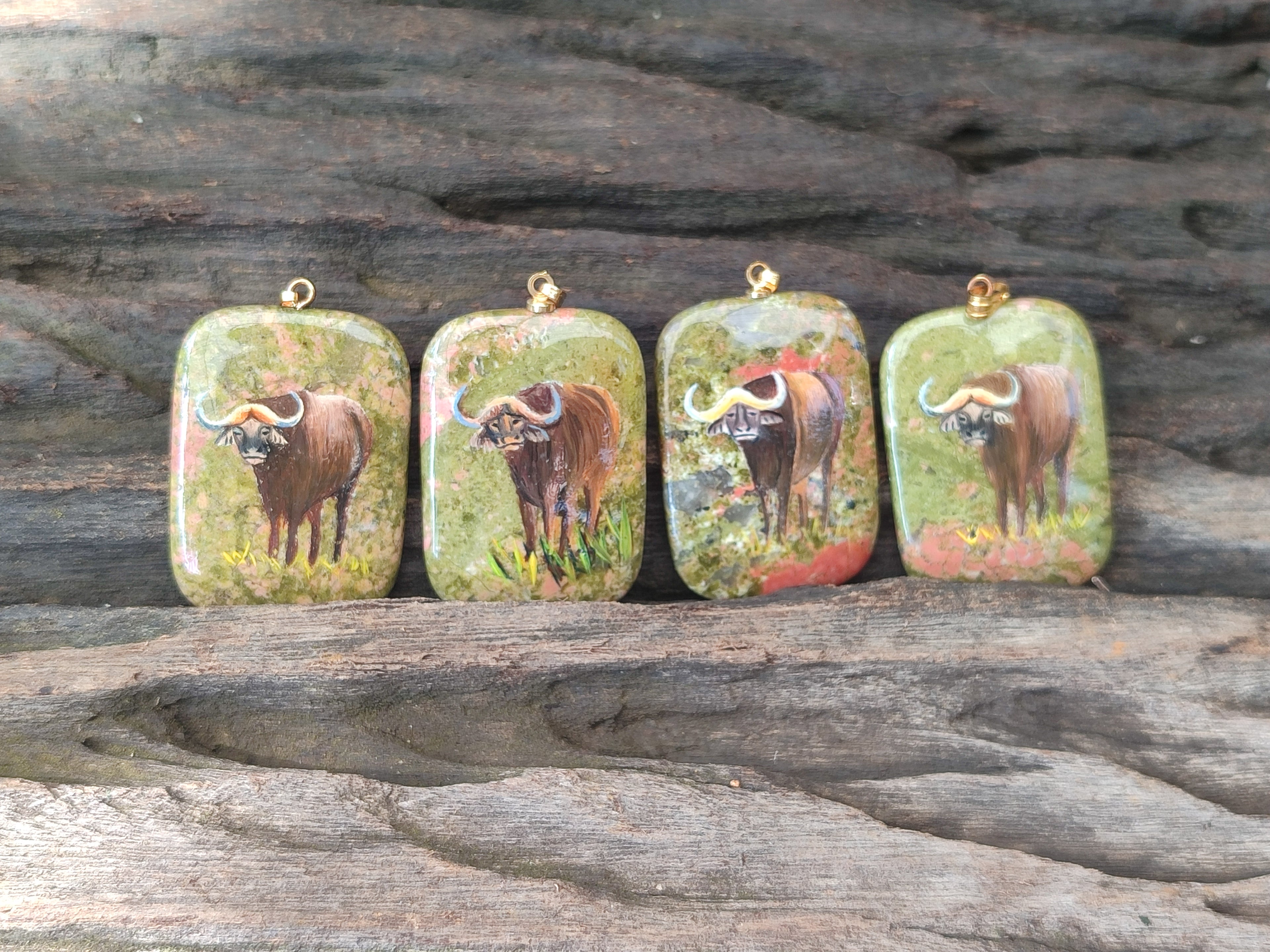 Polished Unakite Pendant with Hand Painted Buffalo - Sold Per Item - From South Africa - Toprock Gemstones and Minerals 