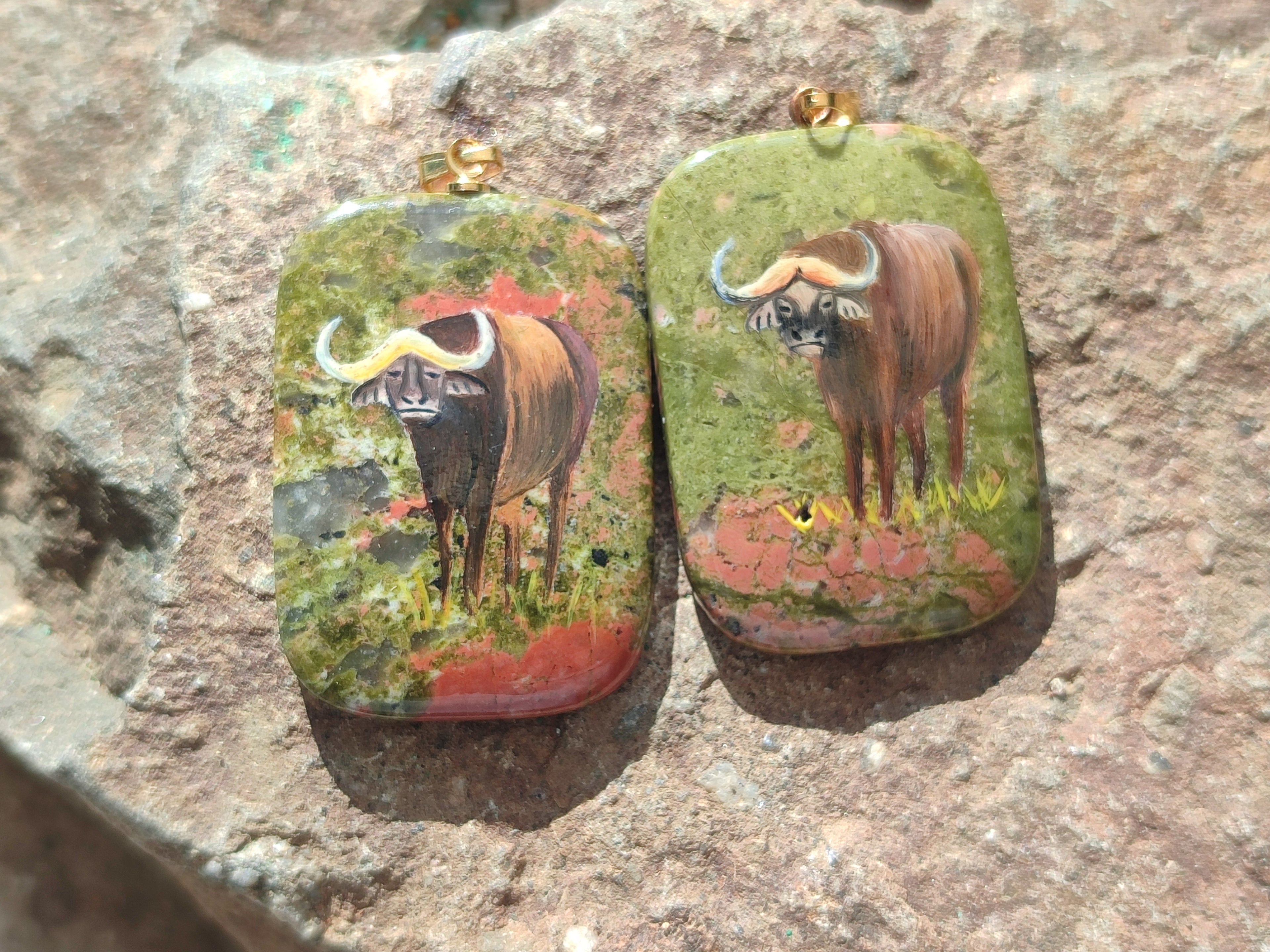 Polished Unakite Pendant with Hand Painted Buffalo - Sold Per Item - From South Africa - Toprock Gemstones and Minerals 