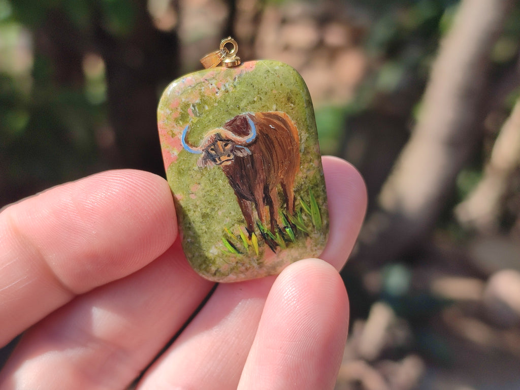Polished Unakite Pendant with Hand Painted Buffalo - Sold Per Item - From South Africa - Toprock Gemstones and Minerals 