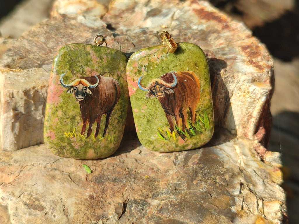 Polished Unakite Pendant with Hand Painted Buffalo - Sold Per Item - From South Africa - Toprock Gemstones and Minerals 