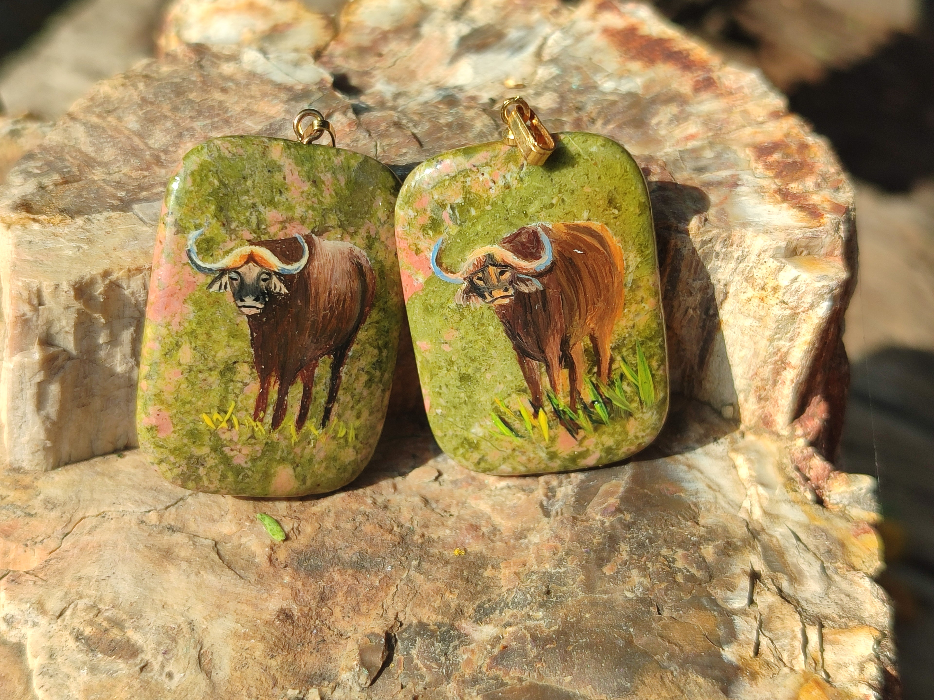 Polished Unakite Pendant with Hand Painted Buffalo - Sold Per Item - From South Africa - Toprock Gemstones and Minerals 