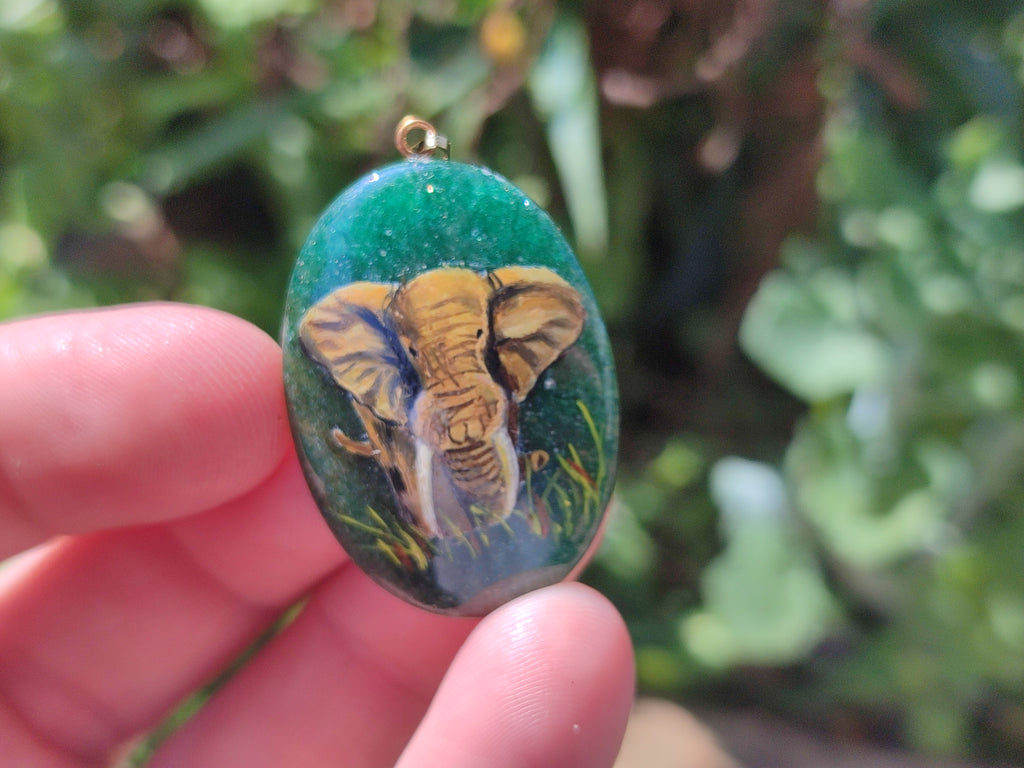 Polished Aventurine Pendant with Hand Painted Elephant - Sold Per Item - From Zimbabwe - Toprock Gemstones and Minerals 
