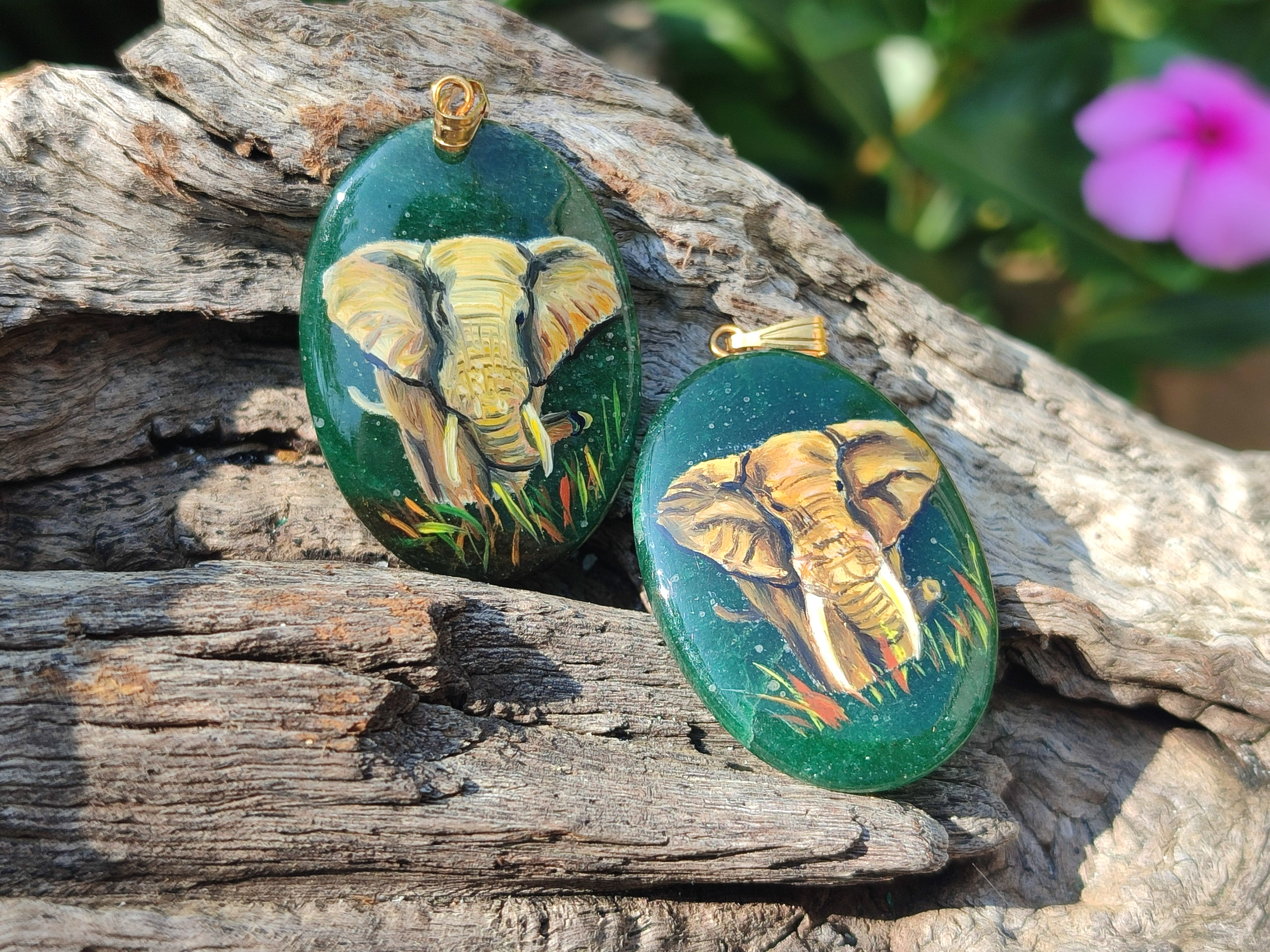 Polished Aventurine Pendant with Hand Painted Elephant - Sold Per Item - From Zimbabwe - Toprock Gemstones and Minerals 