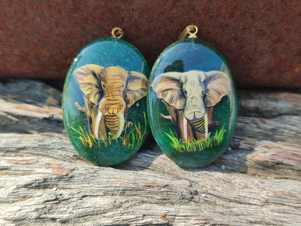 Polished Aventurine Pendant with Hand Painted Elephant - Sold Per Item - From Zimbabwe - Toprock Gemstones and Minerals 