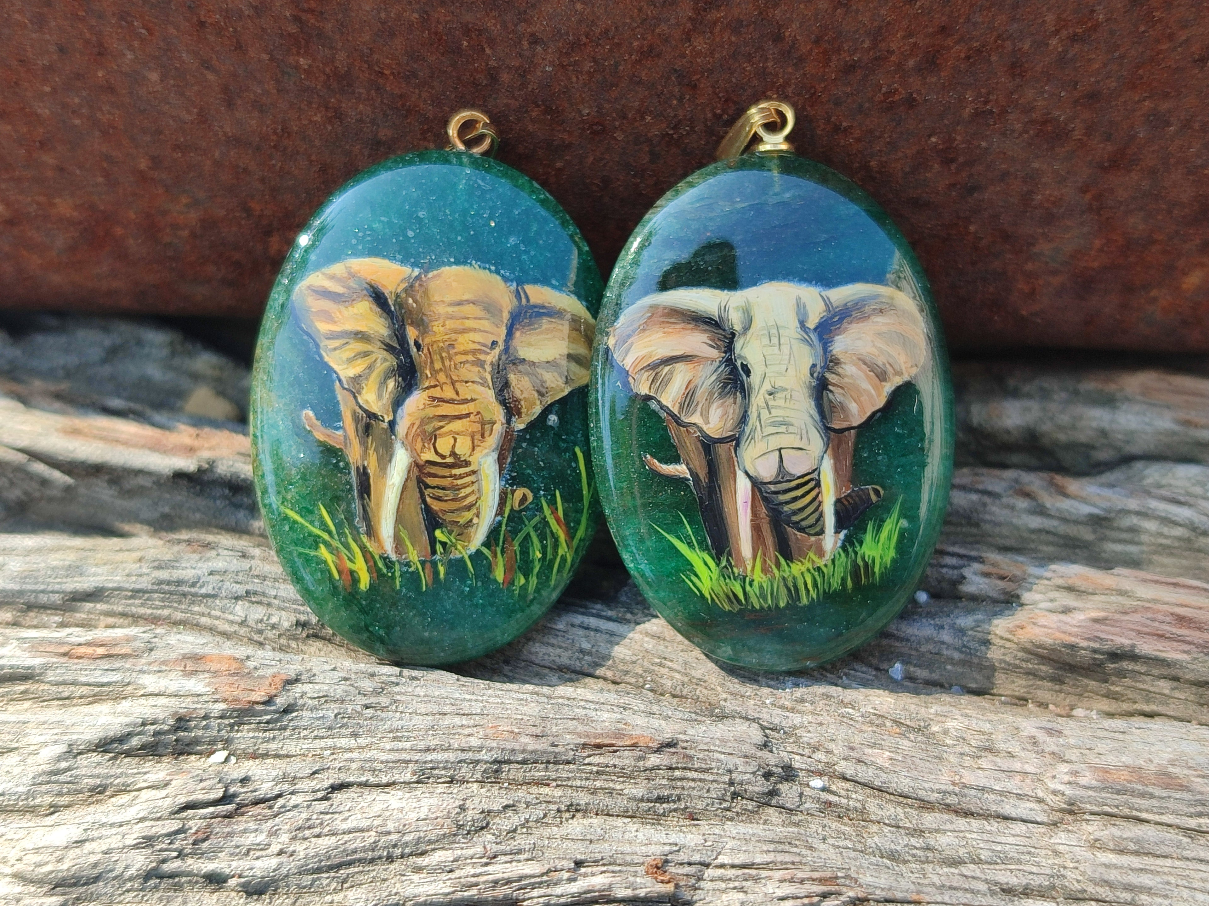 Polished Aventurine Pendant with Hand Painted Elephant - Sold Per Item - From Zimbabwe - Toprock Gemstones and Minerals 
