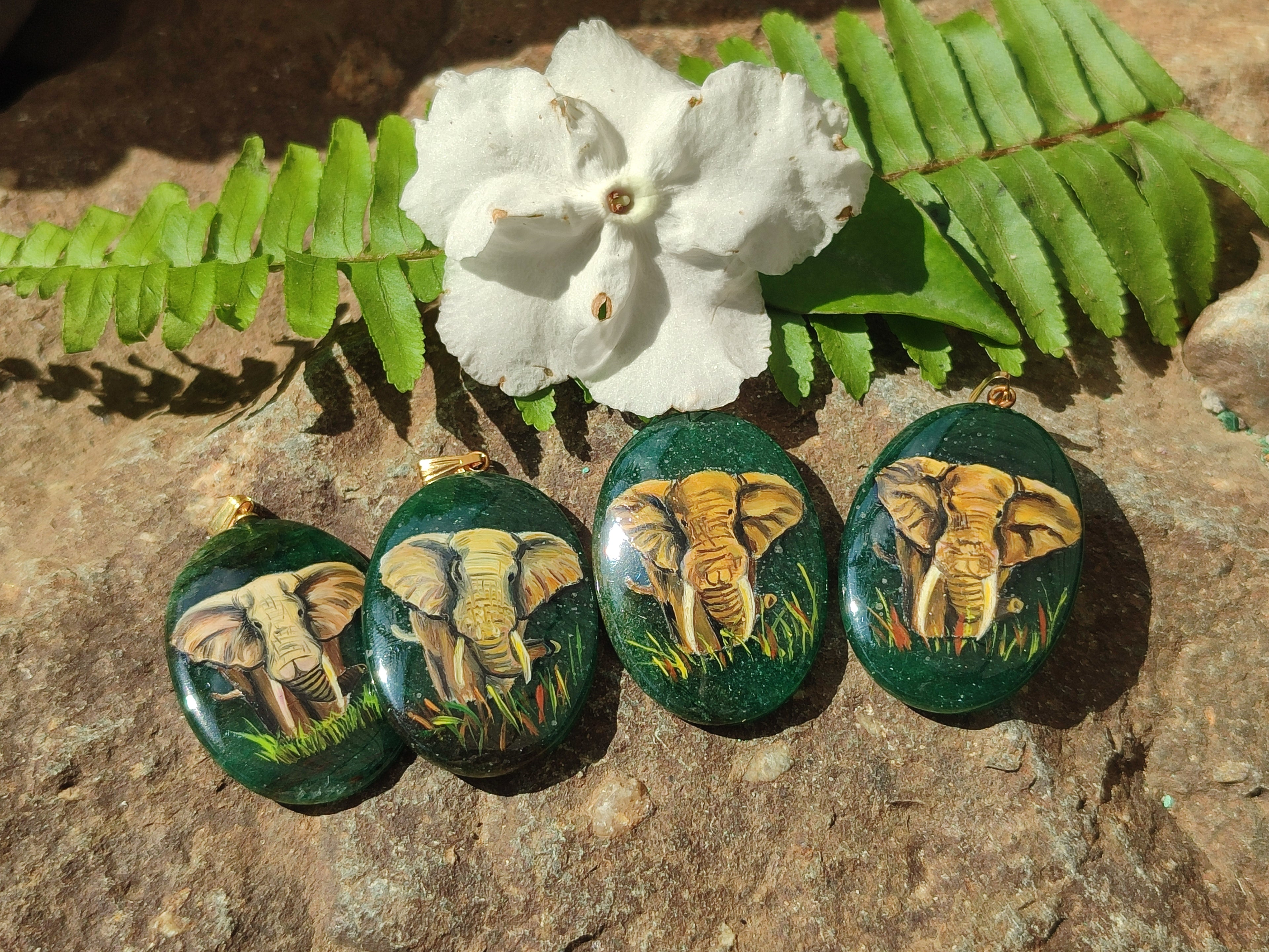 Polished Aventurine Pendant with Hand Painted Elephant - Sold Per Item - From Zimbabwe - Toprock Gemstones and Minerals 