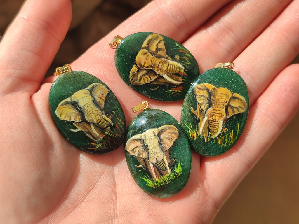 Polished Aventurine Pendant with Hand Painted Elephant - Sold Per Item - From Zimbabwe - Toprock Gemstones and Minerals 