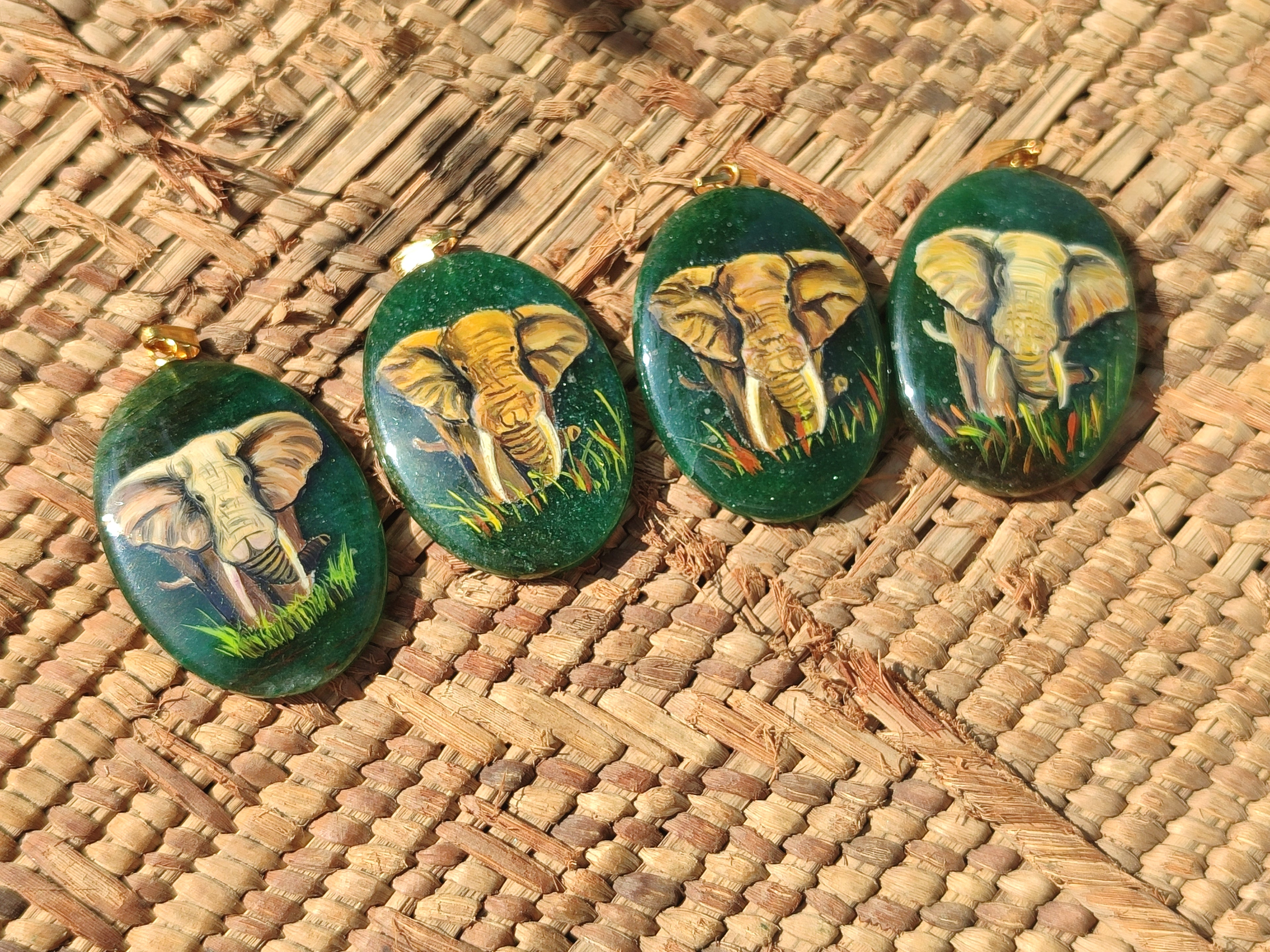 Polished Aventurine Pendant with Hand Painted Elephant - Sold Per Item - From Zimbabwe - Toprock Gemstones and Minerals 