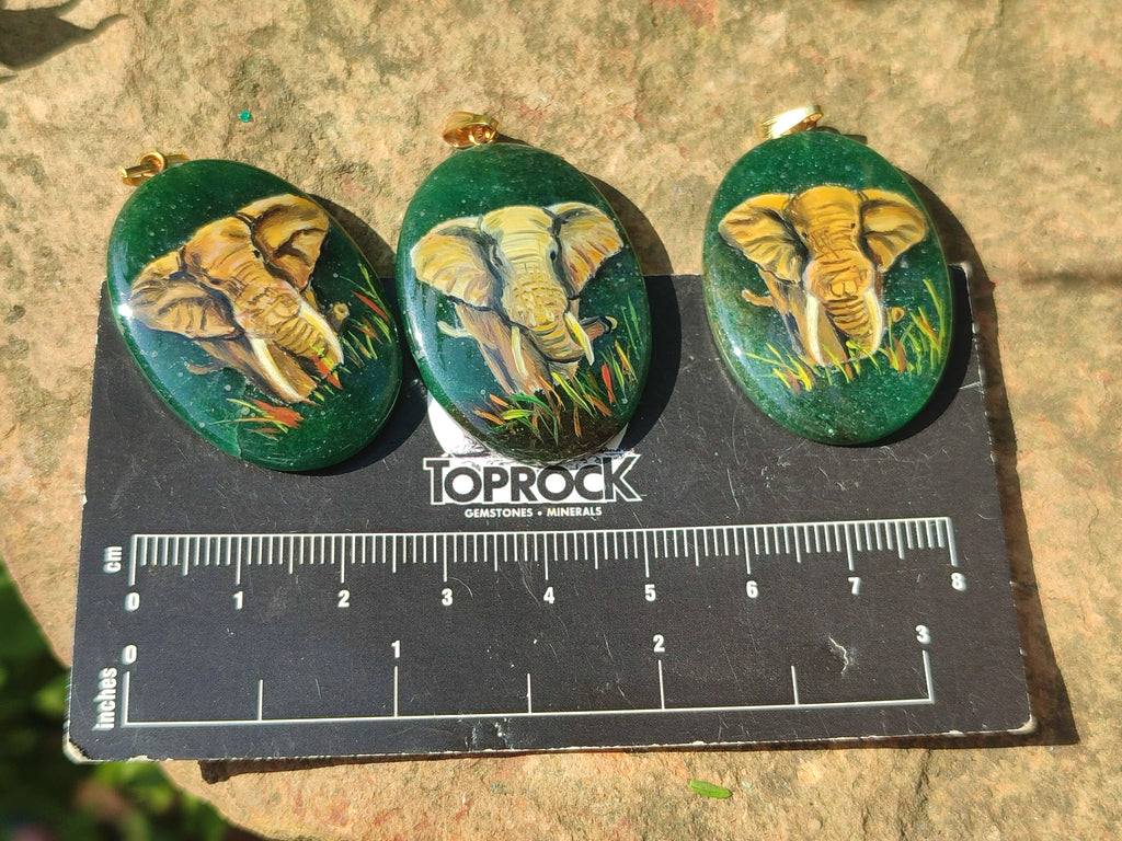 Polished Aventurine Pendant with Hand Painted Elephant - Sold Per Item - From Zimbabwe - Toprock Gemstones and Minerals 