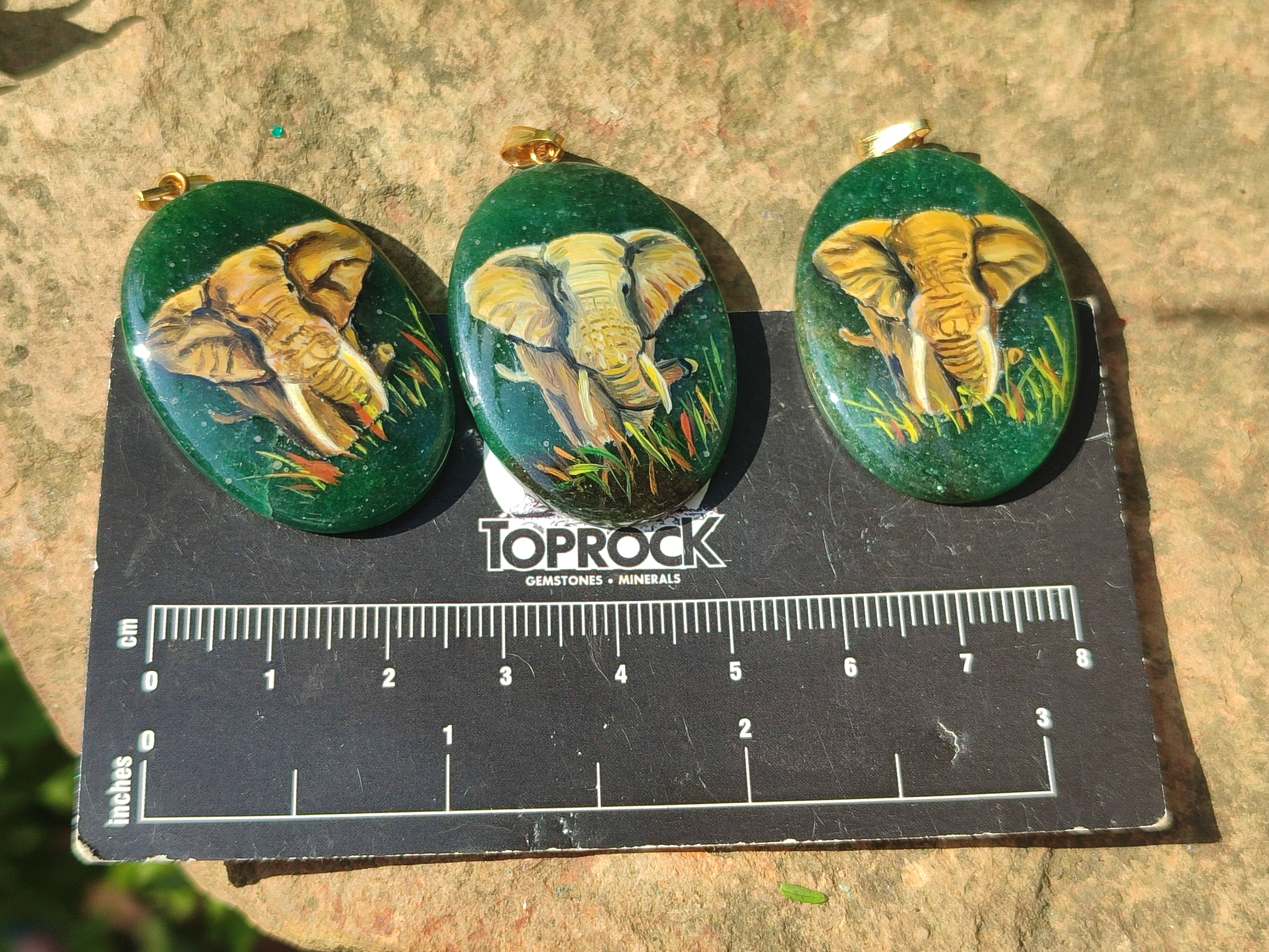 Polished Aventurine Pendant with Hand Painted Elephant - Sold Per Item - From Zimbabwe - Toprock Gemstones and Minerals 