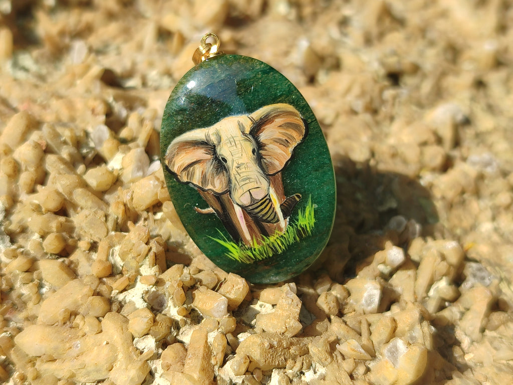 Polished Aventurine Pendant with Hand Painted Elephant - Sold Per Item - From Zimbabwe - Toprock Gemstones and Minerals 