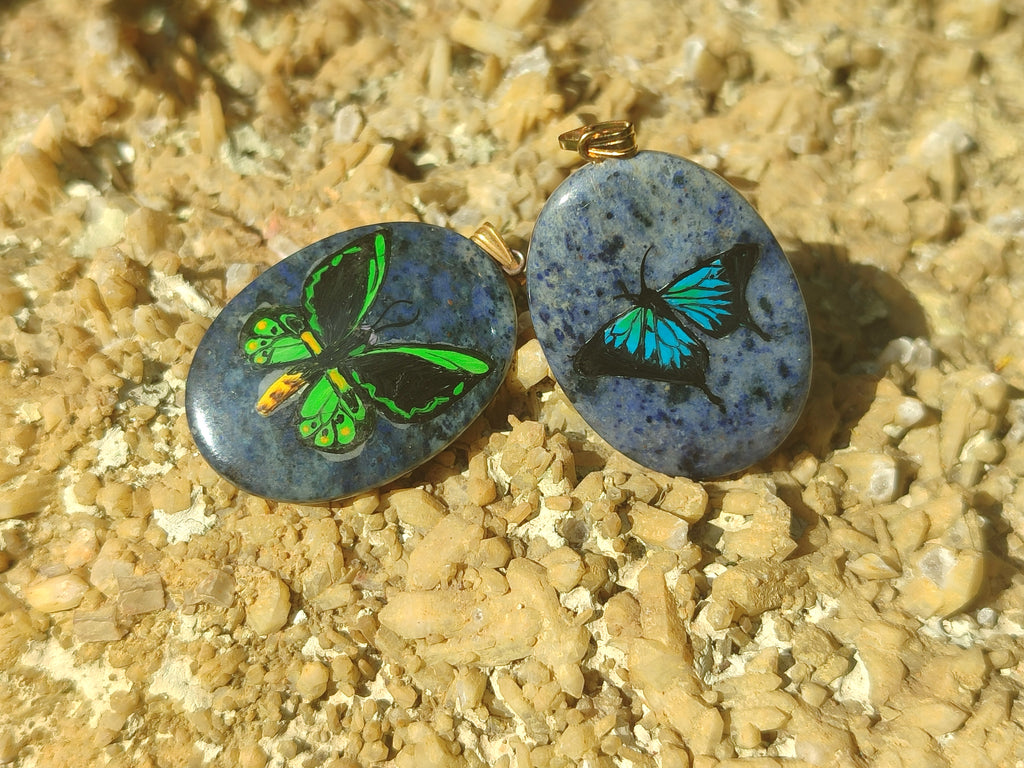 Polished Dumortierite Pendants with Hand Painted Butterfly - sold per item - From Mozambique - Toprock Gemstones and Minerals 