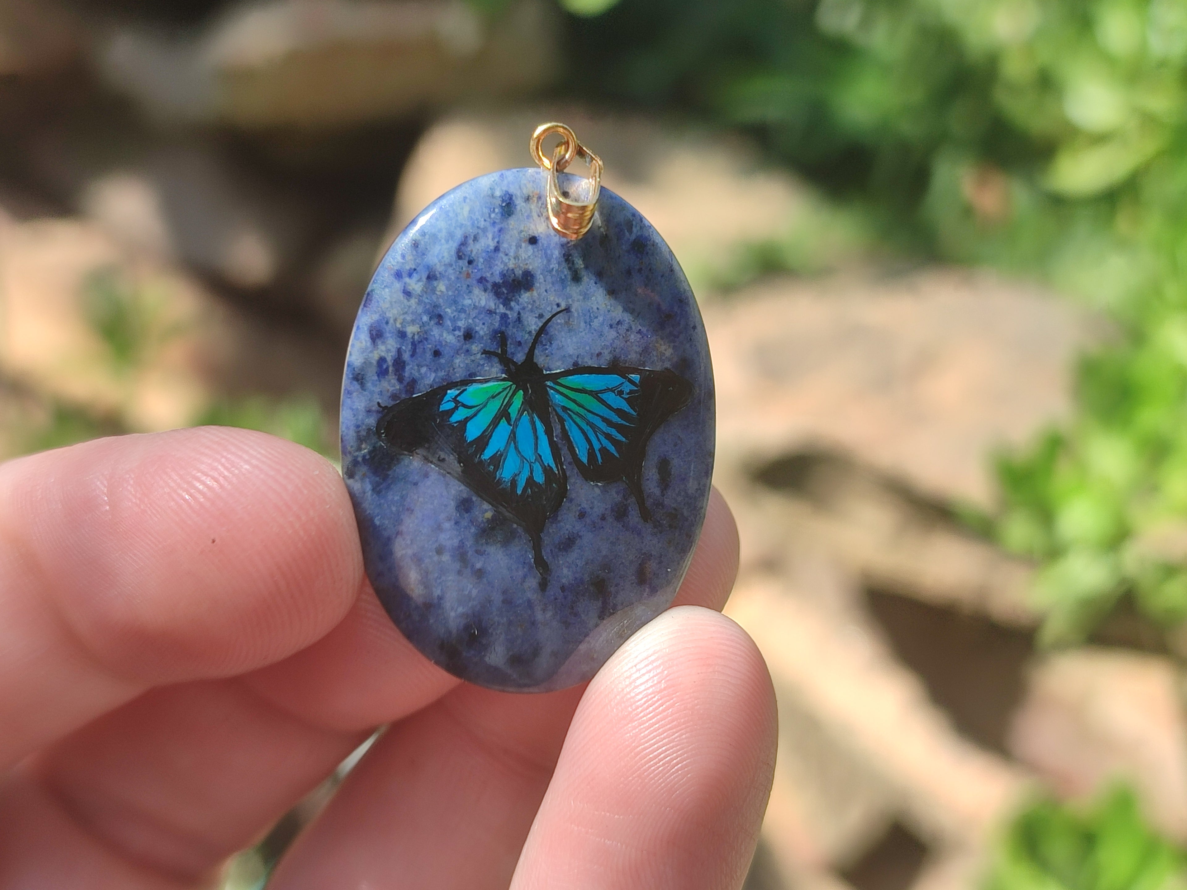 Polished Dumortierite Pendants with Hand Painted Butterfly - sold per item - From Mozambique - Toprock Gemstones and Minerals 