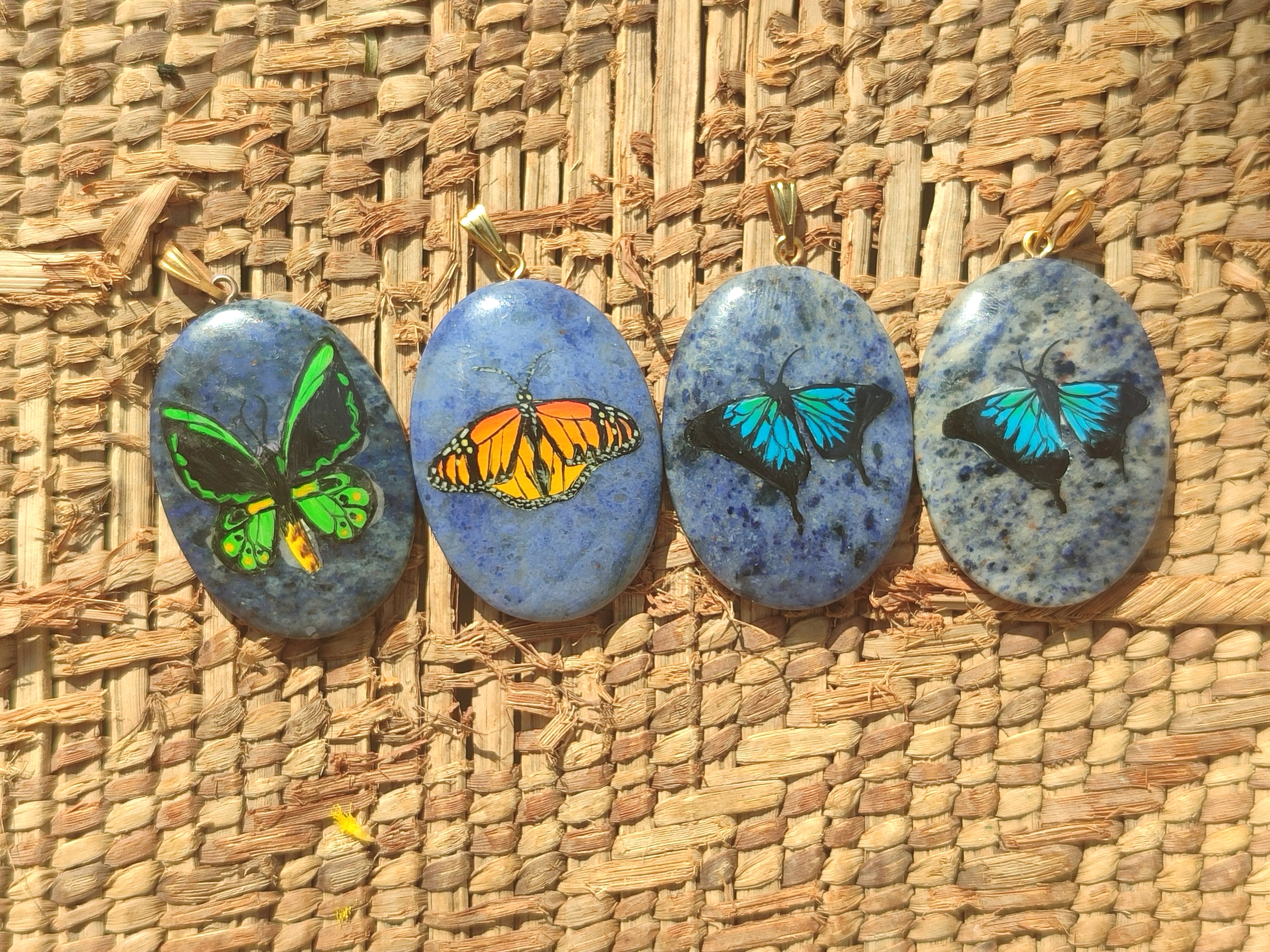 Polished Dumortierite Pendants with Hand Painted Butterfly - sold per item - From Mozambique - Toprock Gemstones and Minerals 