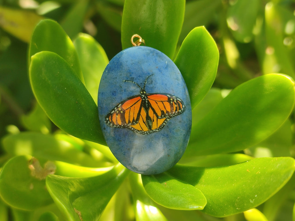 Polished Dumortierite Pendants with Hand Painted Butterfly - sold per item - From Mozambique - Toprock Gemstones and Minerals 