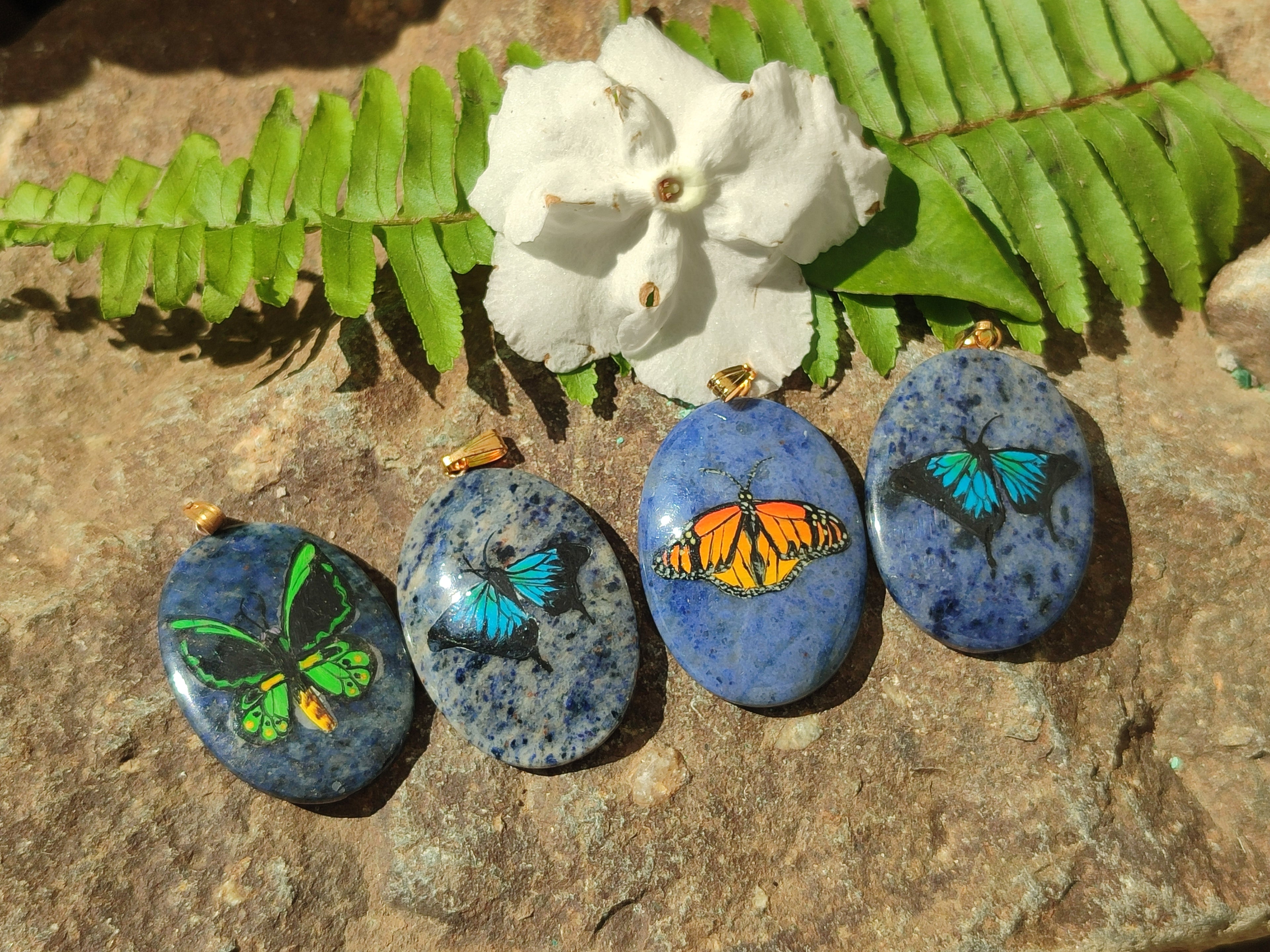 Polished Dumortierite Pendants with Hand Painted Butterfly - sold per item - From Mozambique - Toprock Gemstones and Minerals 