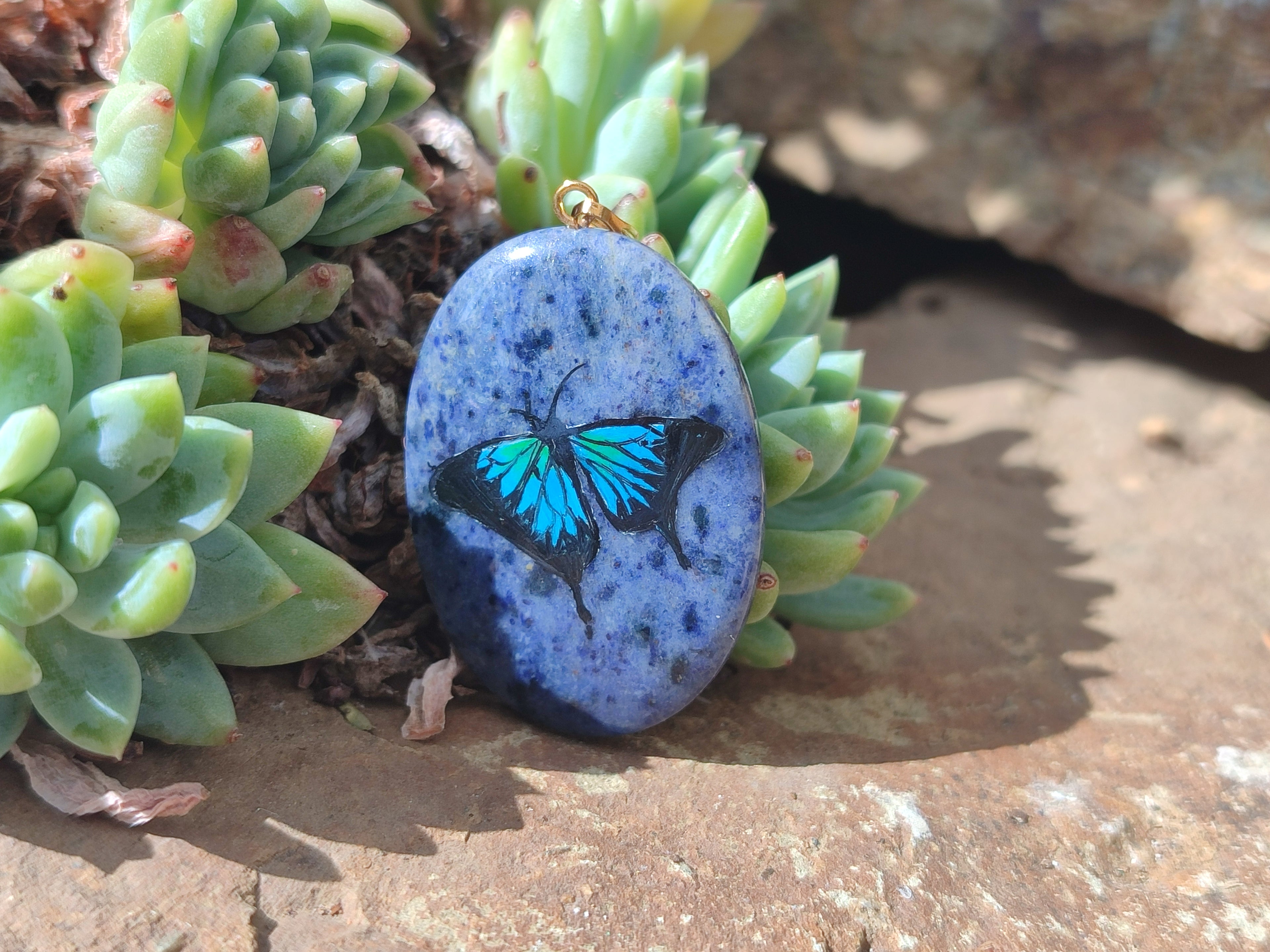 Polished Dumortierite Pendants with Hand Painted Butterfly - sold per item - From Mozambique - Toprock Gemstones and Minerals 