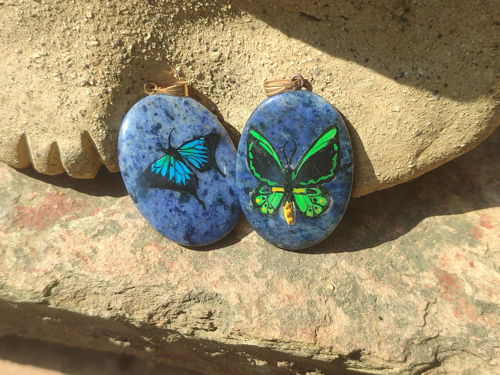 Polished Dumortierite Pendants with Hand Painted Butterfly - sold per item - From Mozambique - Toprock Gemstones and Minerals 