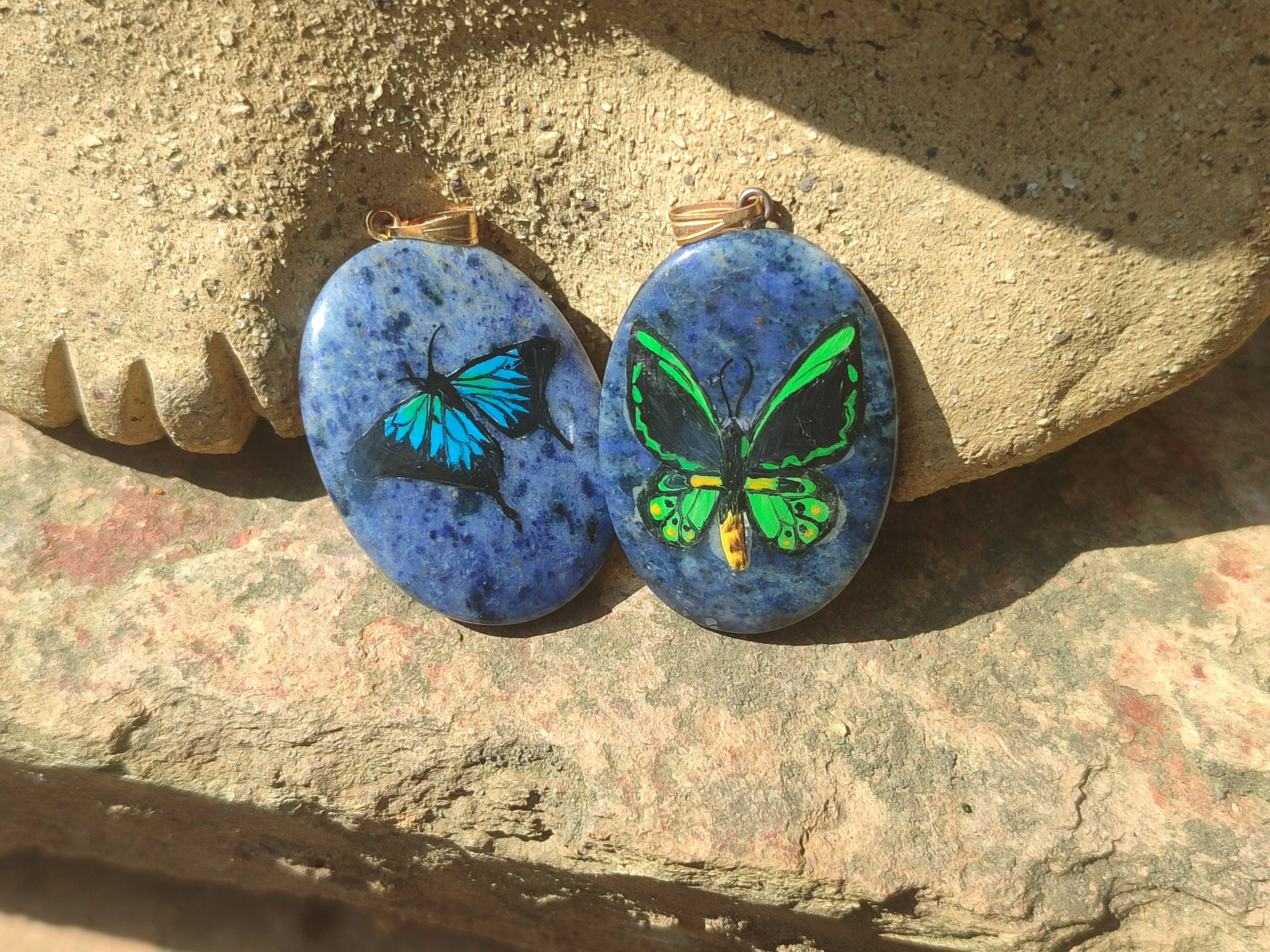 Polished Dumortierite Pendants with Hand Painted Butterfly - sold per item - From Mozambique - Toprock Gemstones and Minerals 