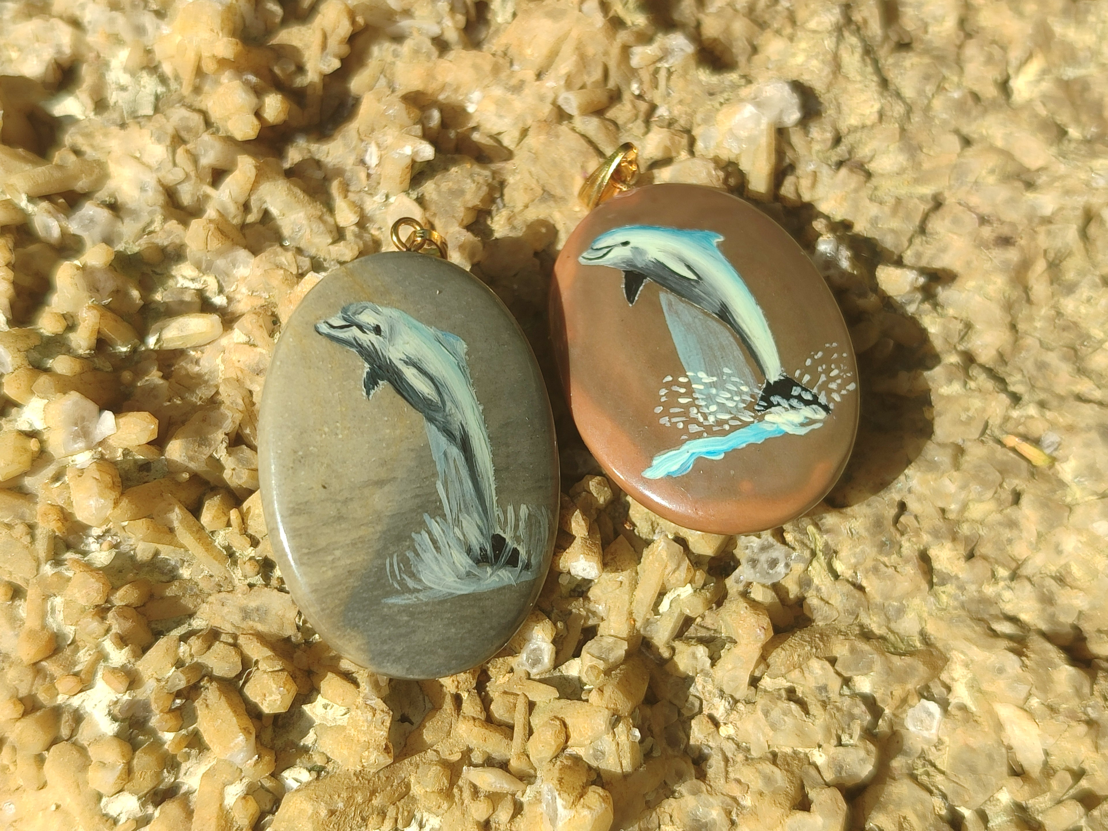 Polished Polychrome Jasper Pendant with Hand Painted Dolphin - sold per item - From Madagascar - Toprock Gemstones and Minerals 