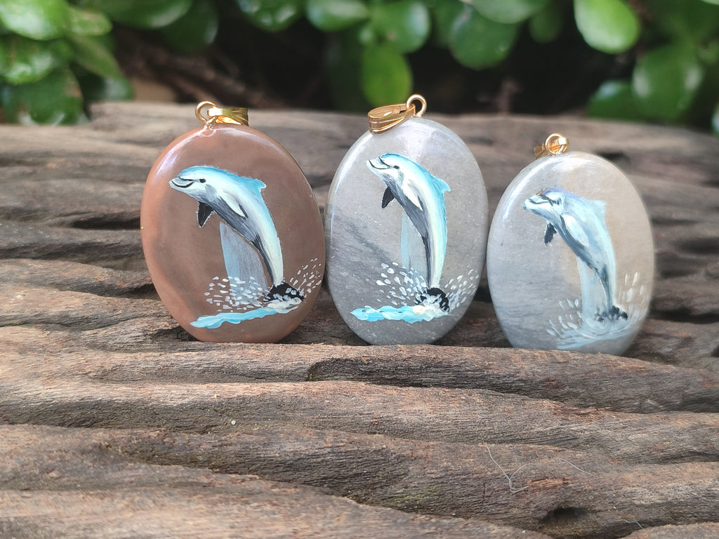 Polished Polychrome Jasper Pendant with Hand Painted Dolphin - sold per item - From Madagascar - Toprock Gemstones and Minerals 