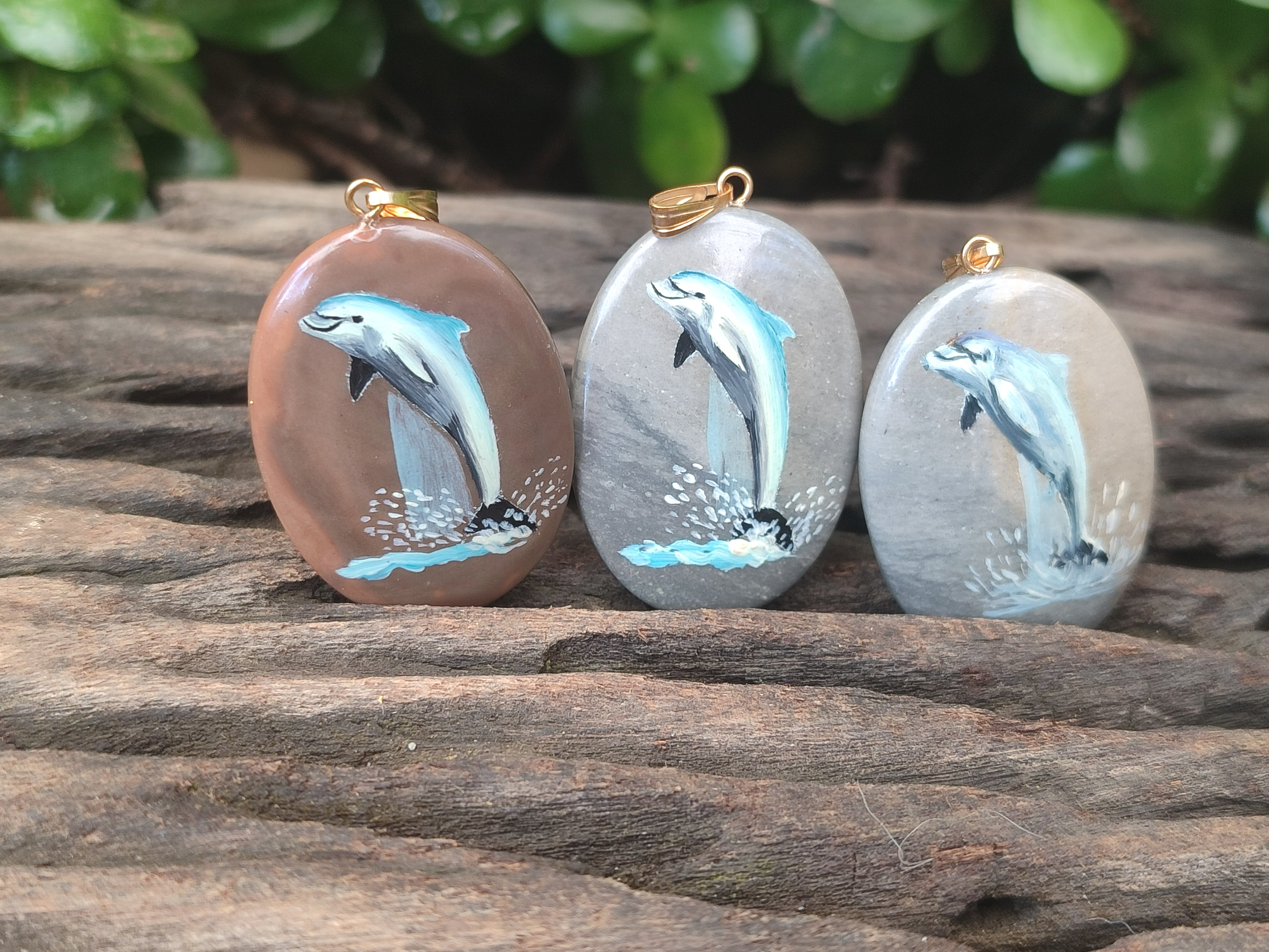 Polished Polychrome Jasper Pendant with Hand Painted Dolphin - sold per item - From Madagascar - Toprock Gemstones and Minerals 