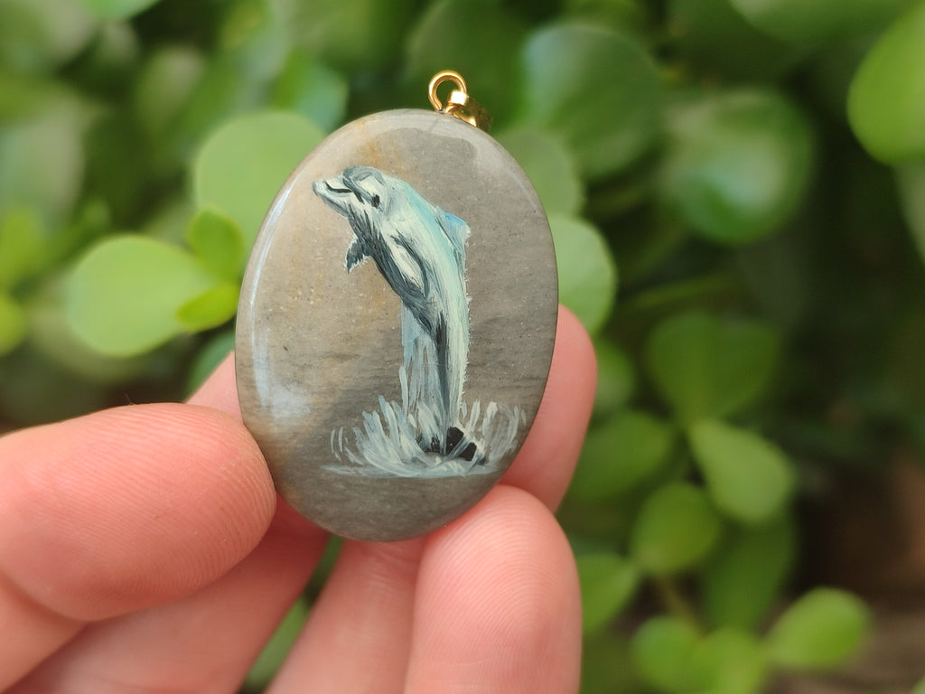 Polished Polychrome Jasper Pendant with Hand Painted Dolphin - sold per item - From Madagascar - Toprock Gemstones and Minerals 