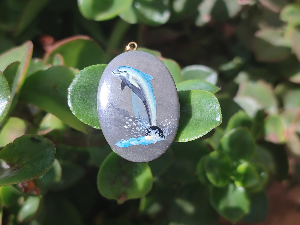 Polished Polychrome Jasper Pendant with Hand Painted Dolphin - sold per item - From Madagascar - Toprock Gemstones and Minerals 