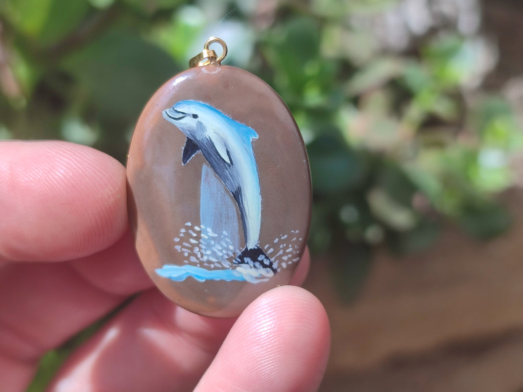 Polished Polychrome Jasper Pendant with Hand Painted Dolphin - sold per item - From Madagascar - Toprock Gemstones and Minerals 