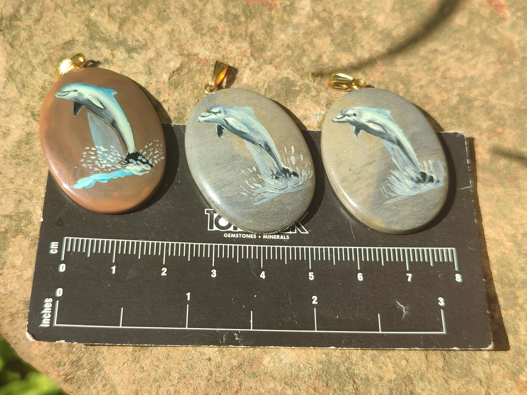 Polished Polychrome Jasper Pendant with Hand Painted Dolphin - sold per item - From Madagascar - Toprock Gemstones and Minerals 