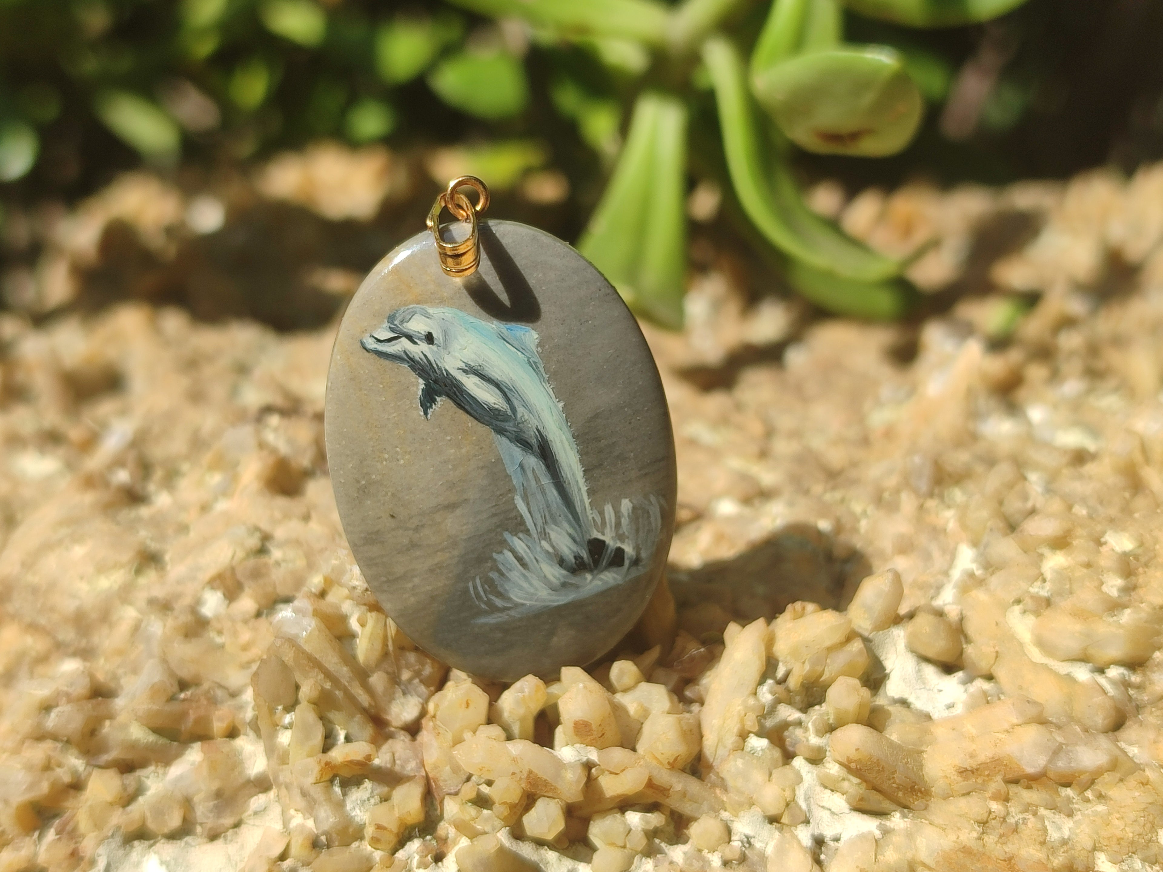 Polished Polychrome Jasper Pendant with Hand Painted Dolphin - sold per item - From Madagascar - Toprock Gemstones and Minerals 