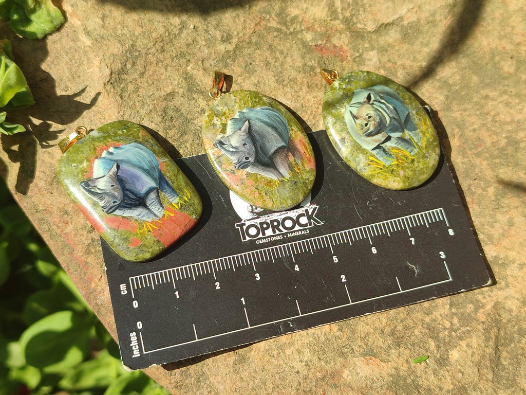 Polished Unakite Pendant with Hand Painted Rhino - Sold Per Item - From South Africa - Toprock Gemstones and Minerals 