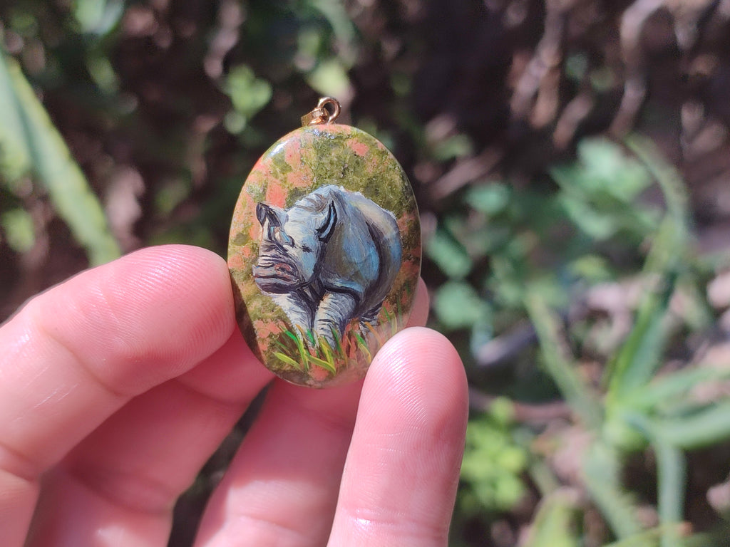 Polished Unakite Pendant with Hand Painted Rhino - Sold Per Item - From South Africa - Toprock Gemstones and Minerals 