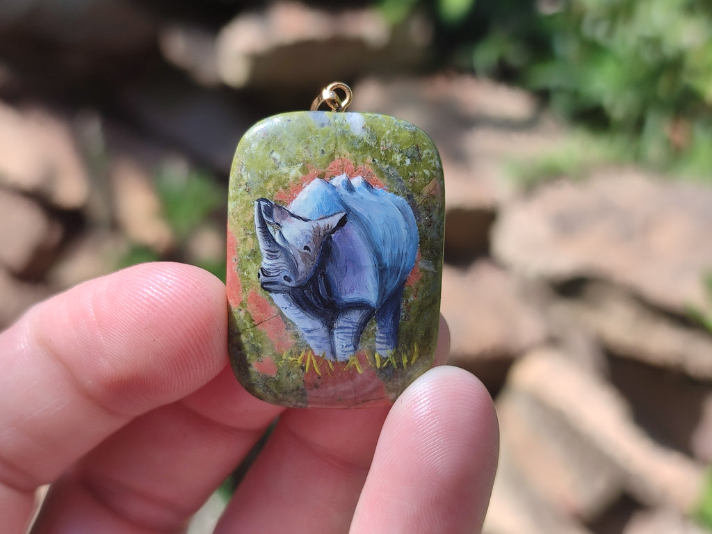 Polished Unakite Pendant with Hand Painted Rhino - Sold Per Item - From South Africa - Toprock Gemstones and Minerals 