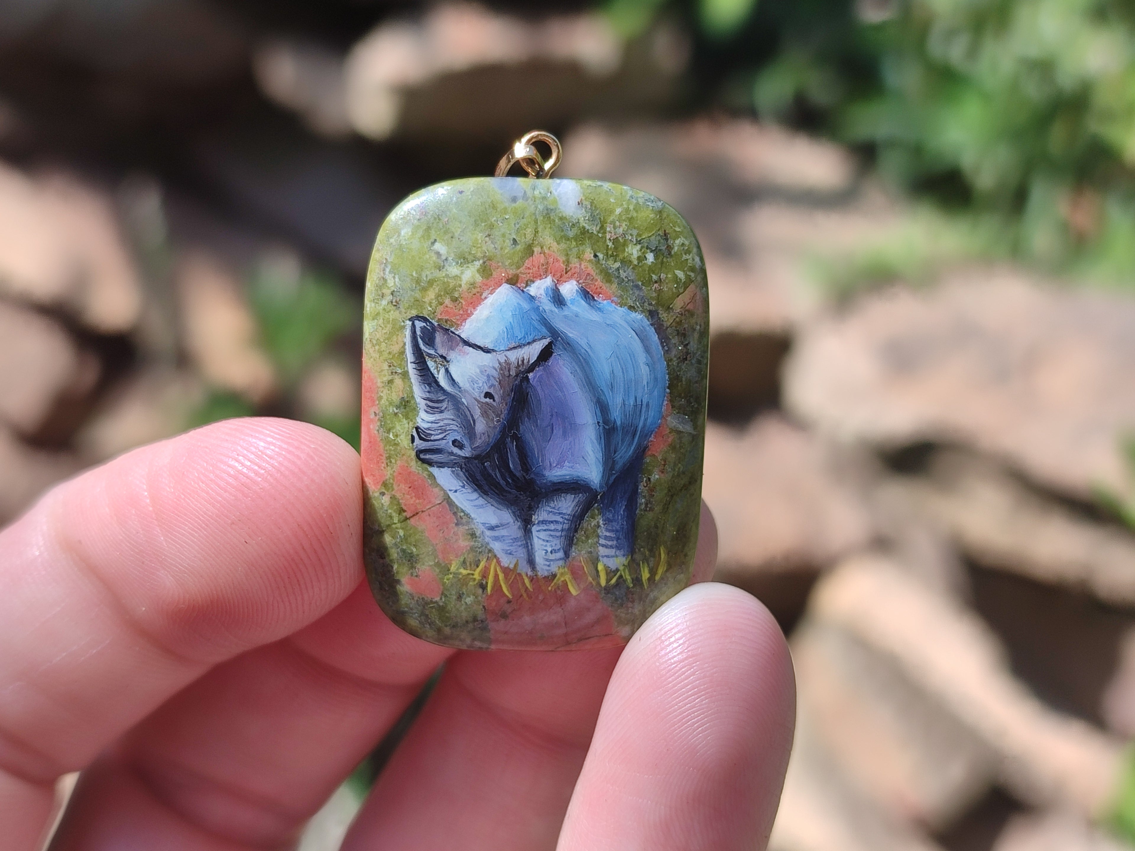 Polished Unakite Pendant with Hand Painted Rhino - Sold Per Item - From South Africa - Toprock Gemstones and Minerals 