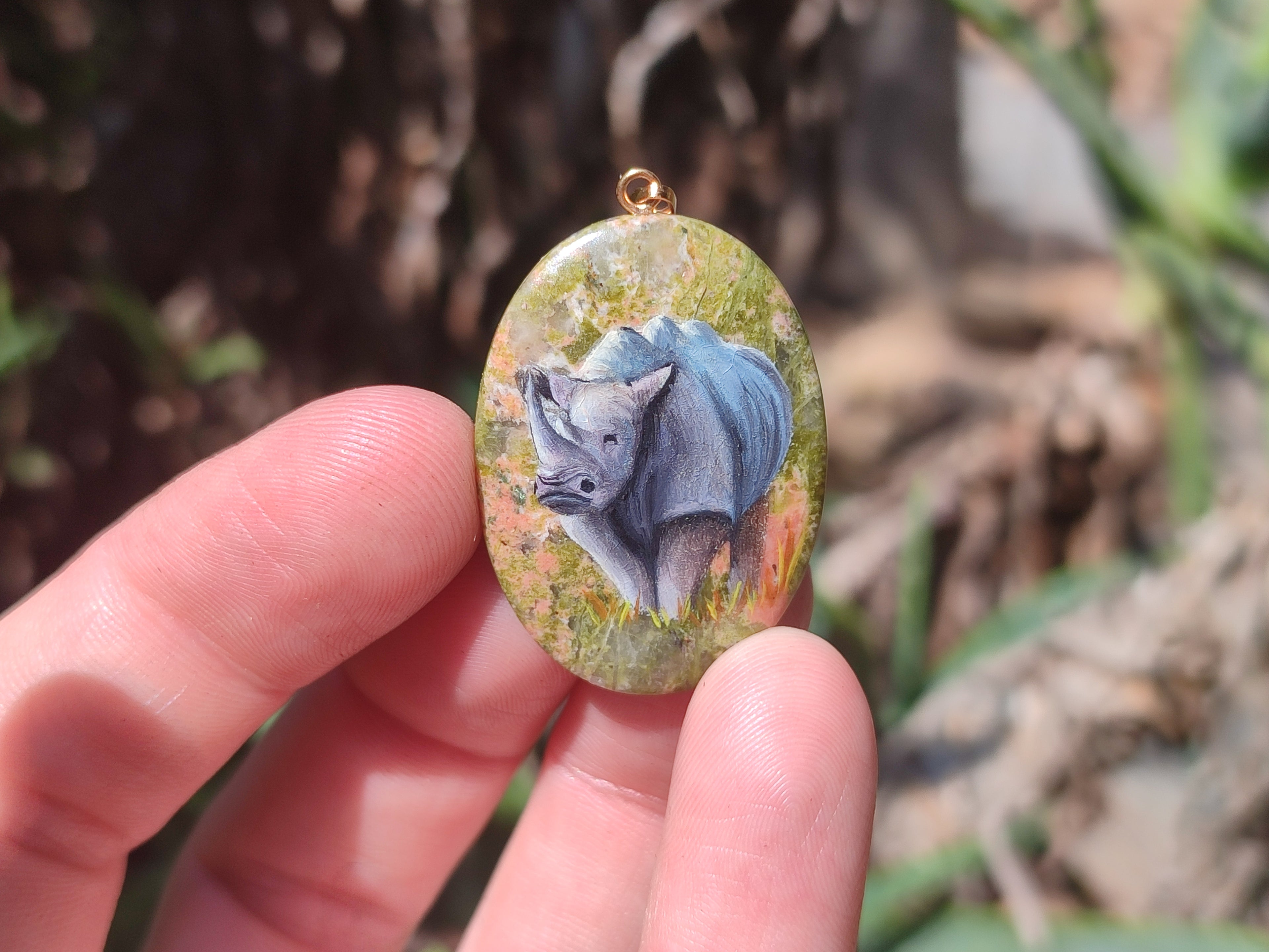 Polished Unakite Pendant with Hand Painted Rhino - Sold Per Item - From South Africa - Toprock Gemstones and Minerals 