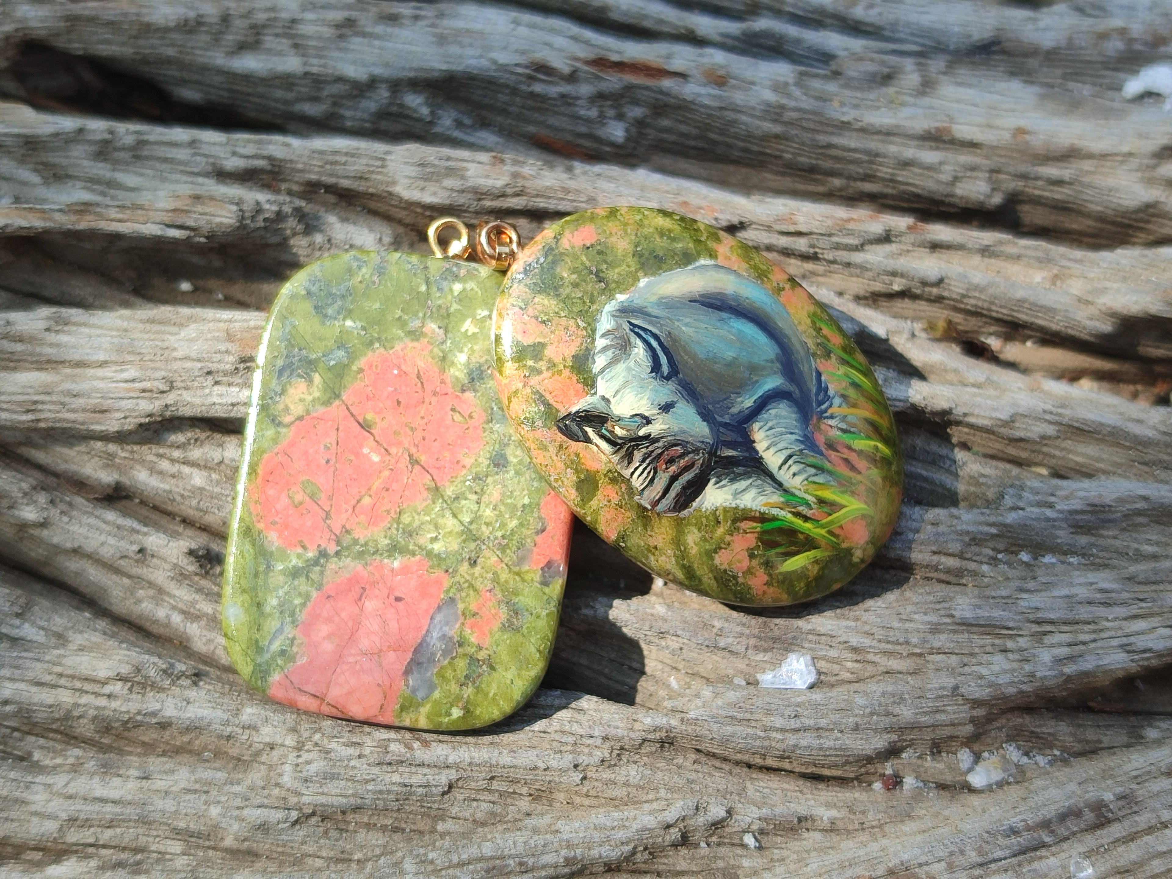 Polished Unakite Pendant with Hand Painted Rhino - Sold Per Item - From South Africa - Toprock Gemstones and Minerals 