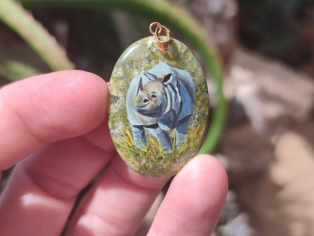 Polished Unakite Pendant with Hand Painted Rhino - Sold Per Item - From South Africa - Toprock Gemstones and Minerals 