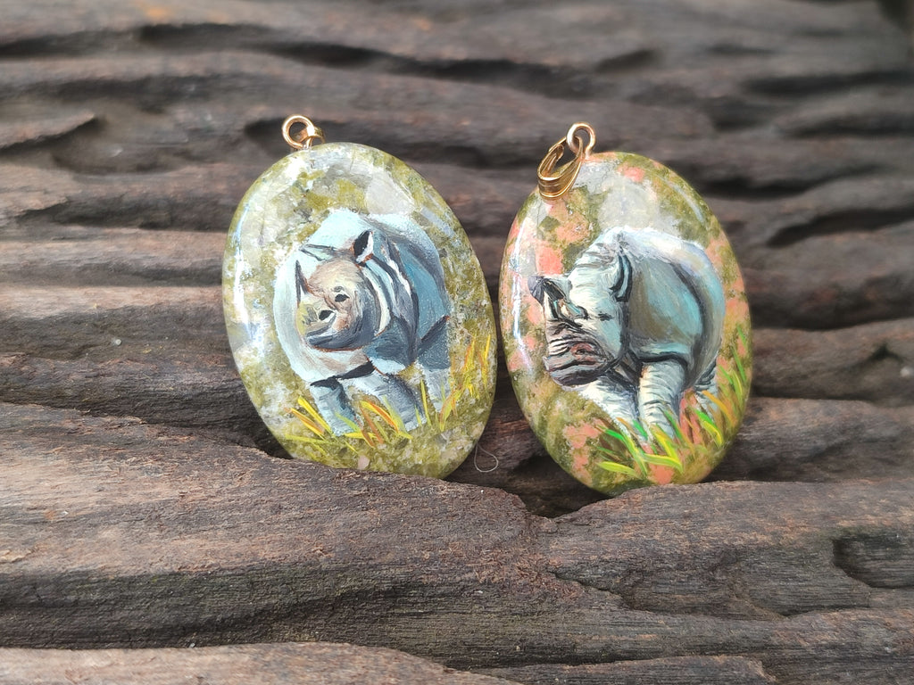 Polished Unakite Pendant with Hand Painted Rhino - Sold Per Item - From South Africa - Toprock Gemstones and Minerals 