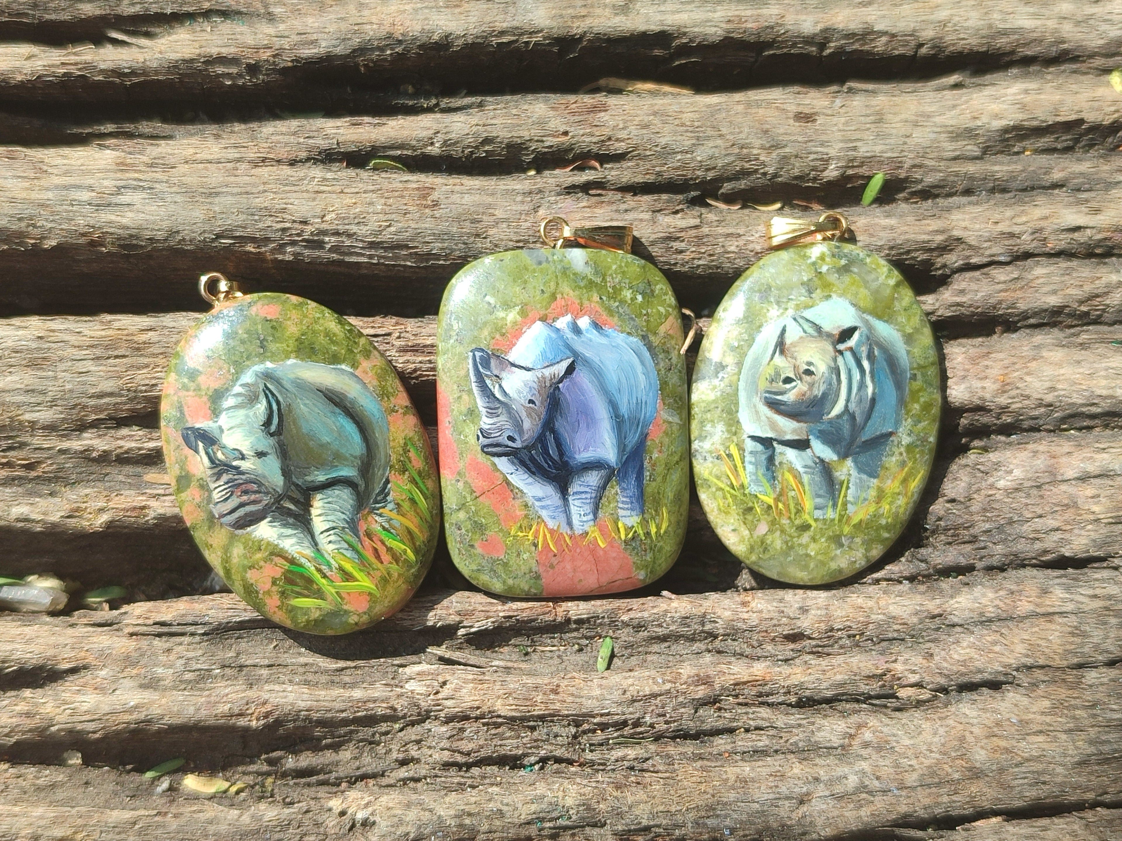 Polished Unakite Pendant with Hand Painted Rhino - Sold Per Item - From South Africa - Toprock Gemstones and Minerals 