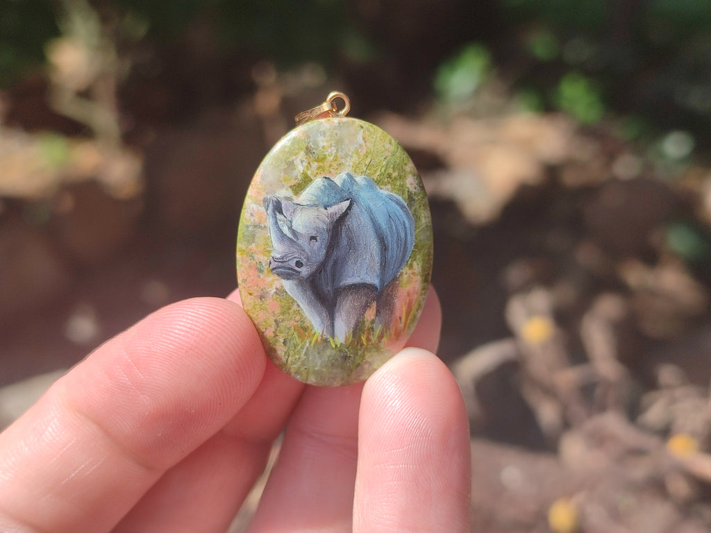Polished Unakite Pendant with Hand Painted Rhino - Sold Per Item - From South Africa - Toprock Gemstones and Minerals 