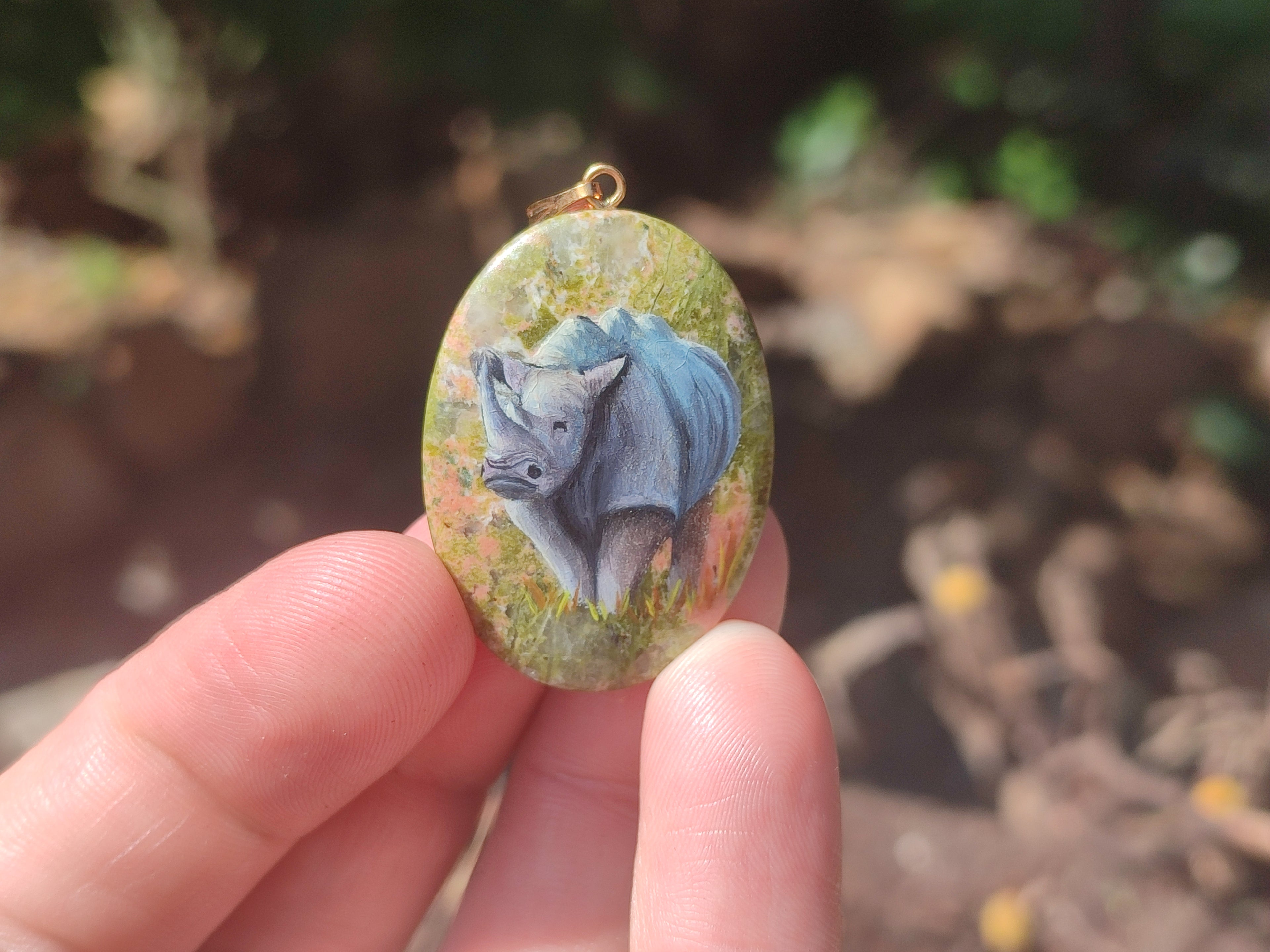 Polished Unakite Pendant with Hand Painted Rhino - Sold Per Item - From South Africa - Toprock Gemstones and Minerals 