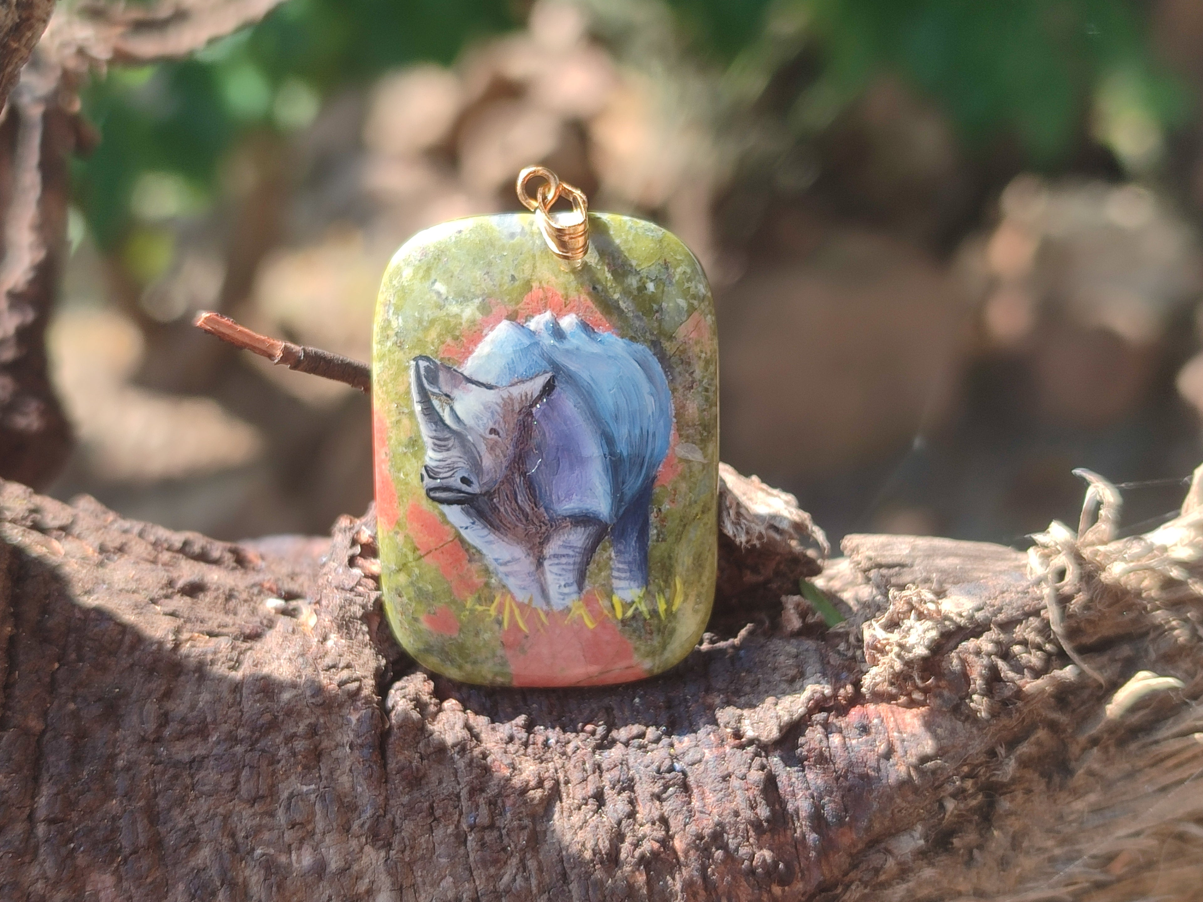 Polished Unakite Pendant with Hand Painted Rhino - Sold Per Item - From South Africa - Toprock Gemstones and Minerals 