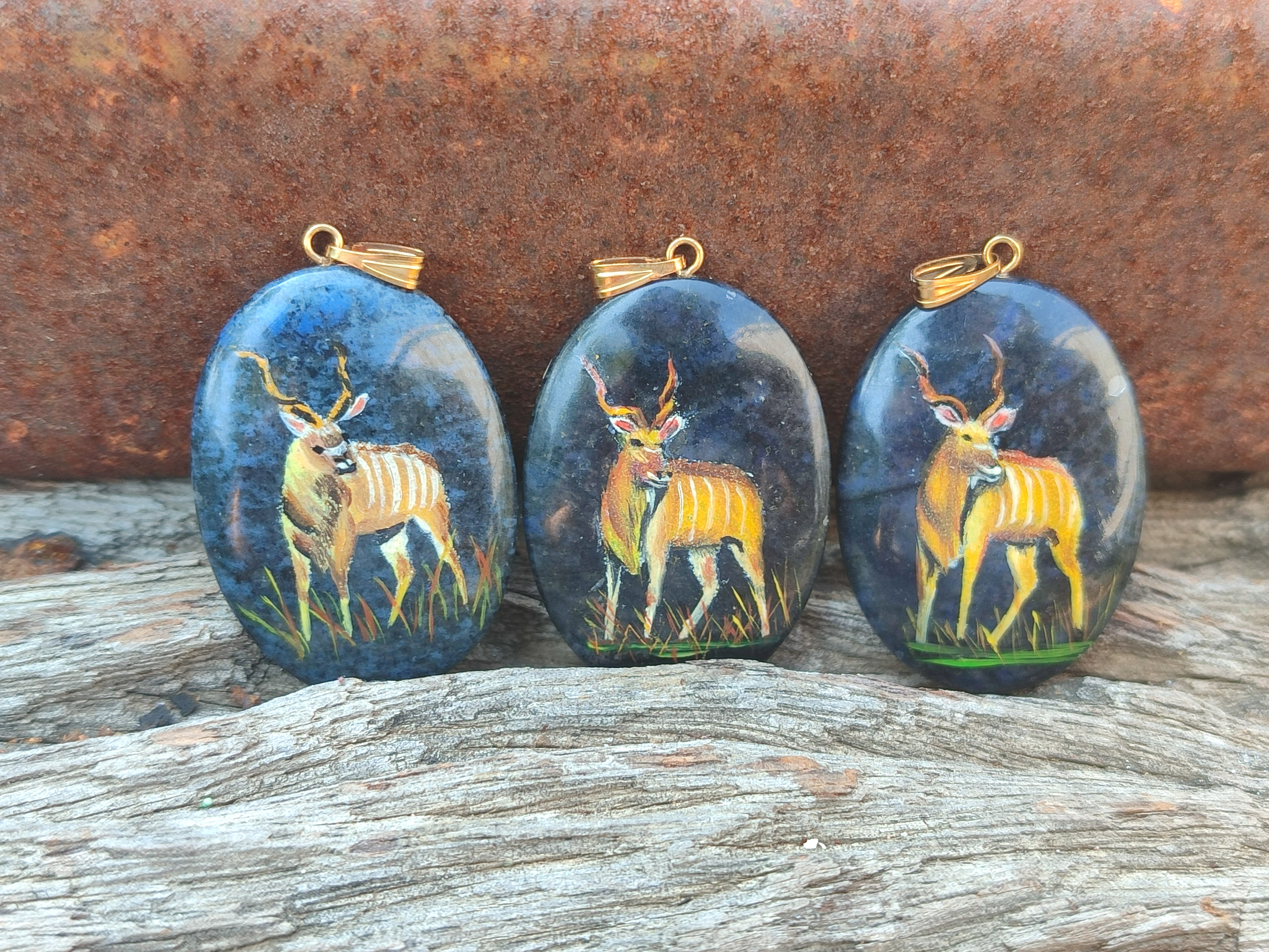 Polished Dumortierite Pendants with Hand Painted Kudu - sold per item - From Mozambique - Toprock Gemstones and Minerals 
