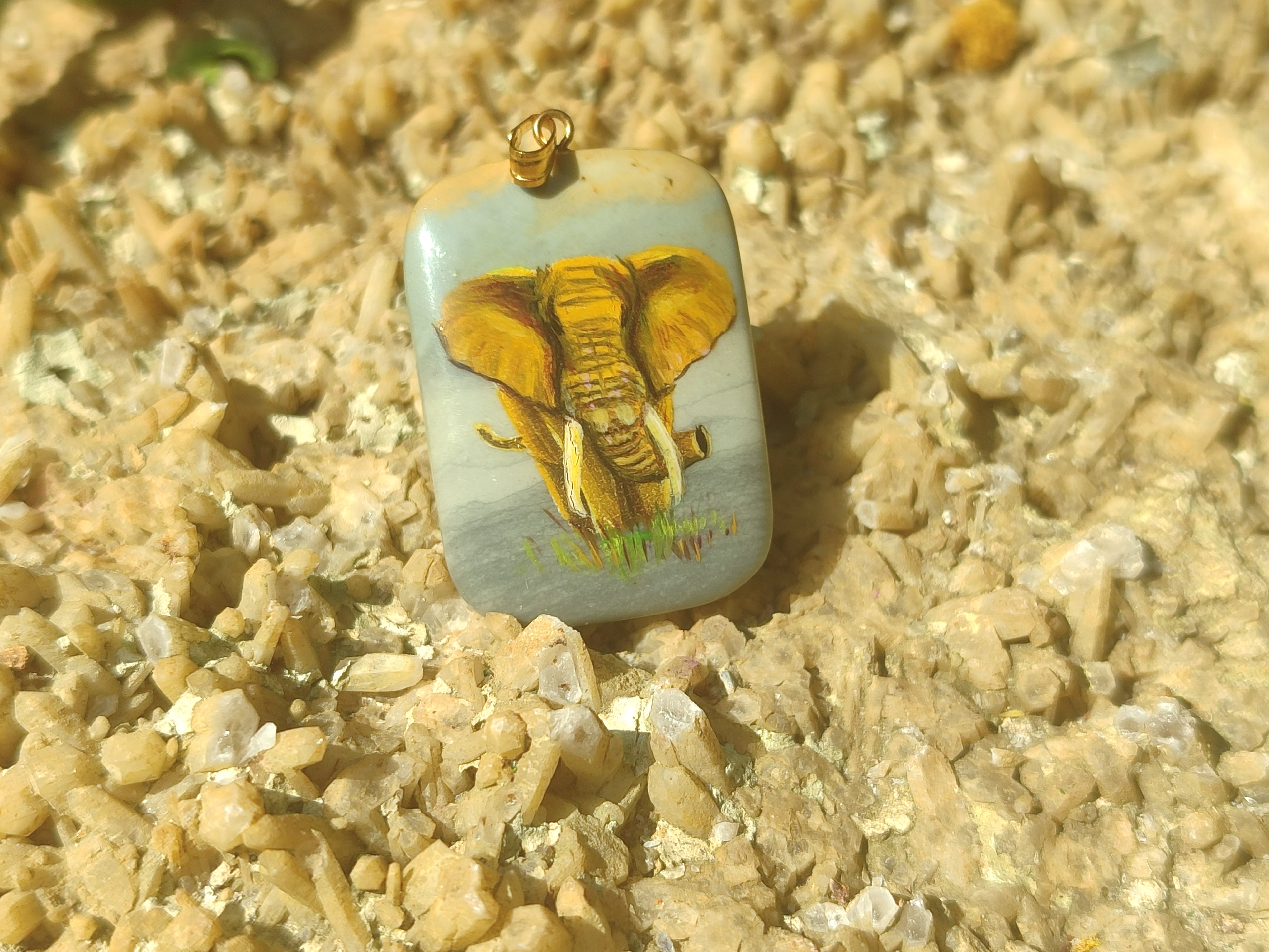 Polished Polychrome Jasper Pendant with Hand Painted Elephant - sold per item - From Madagascar - Toprock Gemstones and Minerals 