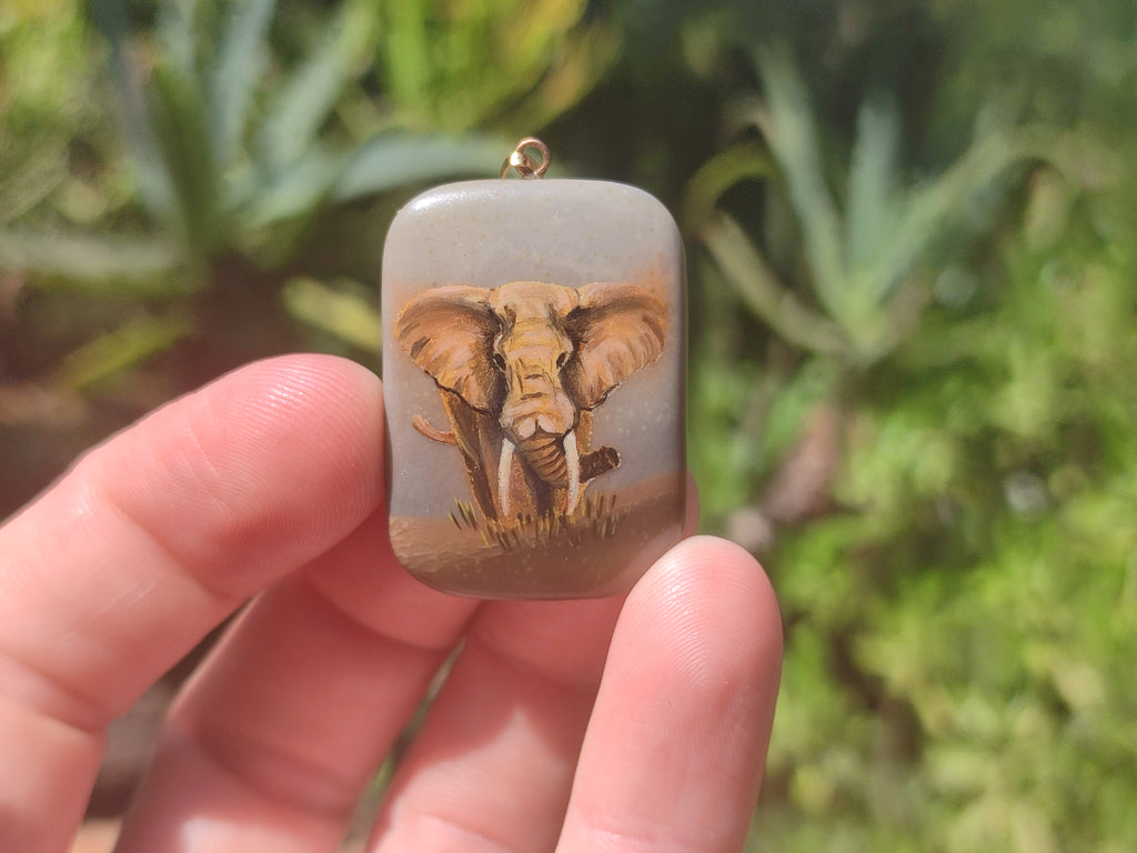 Polished Polychrome Jasper Pendant with Hand Painted Elephant - sold per item - From Madagascar - Toprock Gemstones and Minerals 