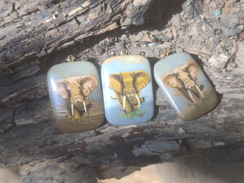 Polished Polychrome Jasper Pendant with Hand Painted Elephant - sold per item - From Madagascar - Toprock Gemstones and Minerals 