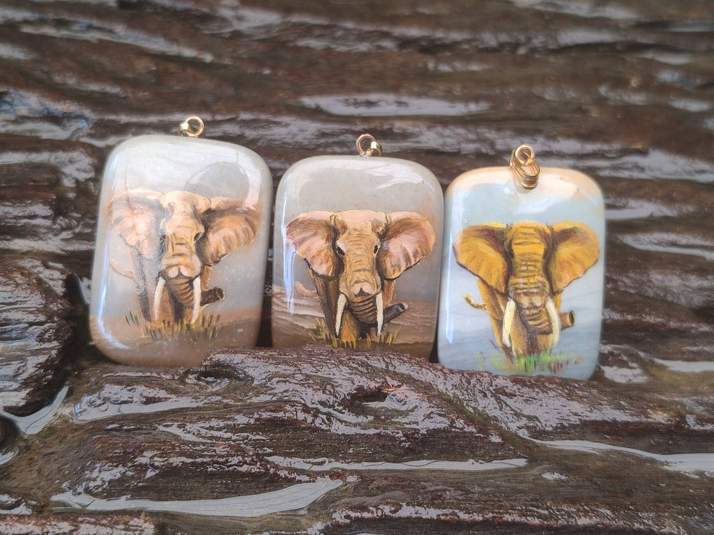Polished Polychrome Jasper Pendant with Hand Painted Elephant - sold per item - From Madagascar - Toprock Gemstones and Minerals 