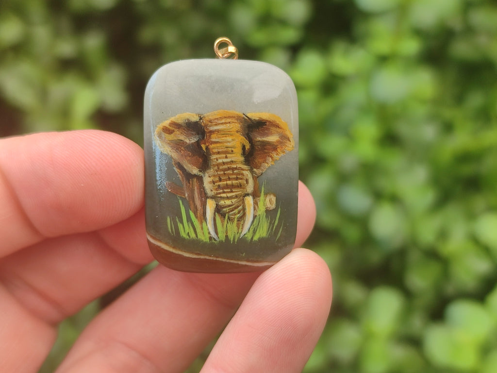 Polished Polychrome Jasper Pendant with Hand Painted Elephant - sold per item - From Madagascar - Toprock Gemstones and Minerals 