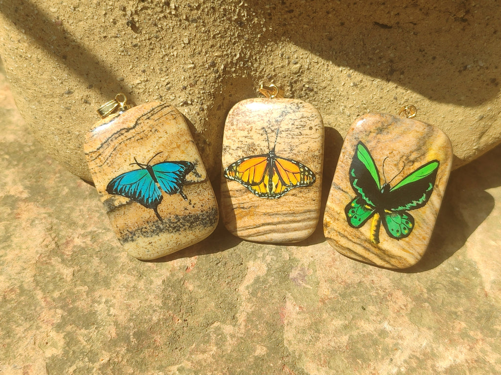 Polished Picture Stone Pendant with Hand Painted Butterfly - Sold Per Item - From Namibia - Toprock Gemstones and Minerals 